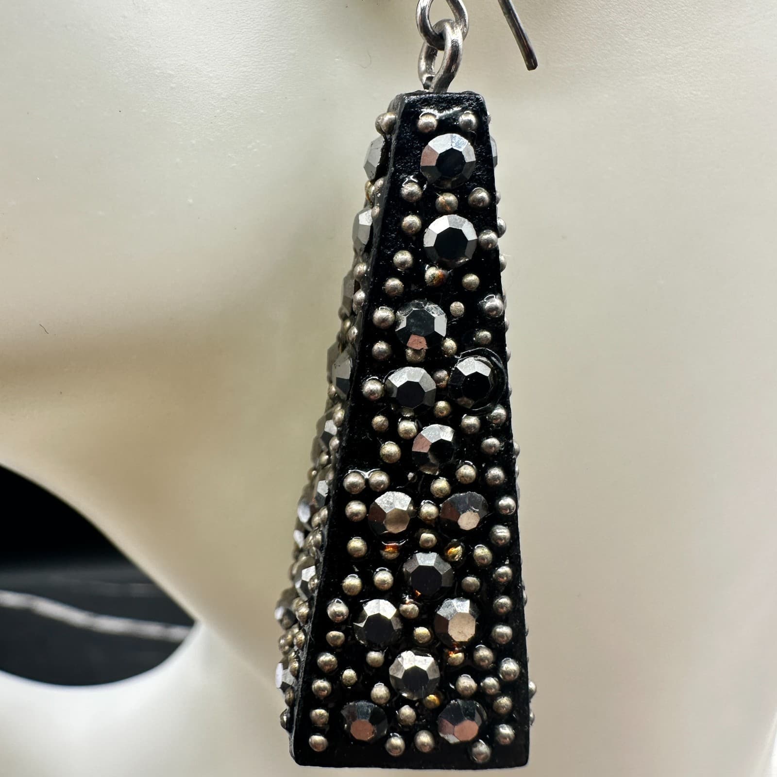 Vintage Black Rhinestone Studded Tapered Dangle Earrings Punk Glam - Thumbnail 5