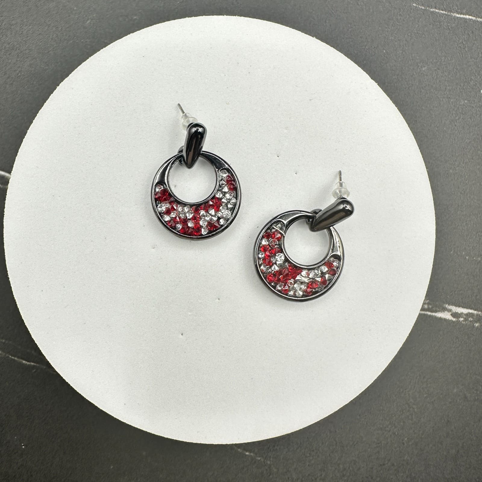 Vintage Red & Clear Rhinestone Open-Hoop Dangle Earrings - Thumbnail 6
