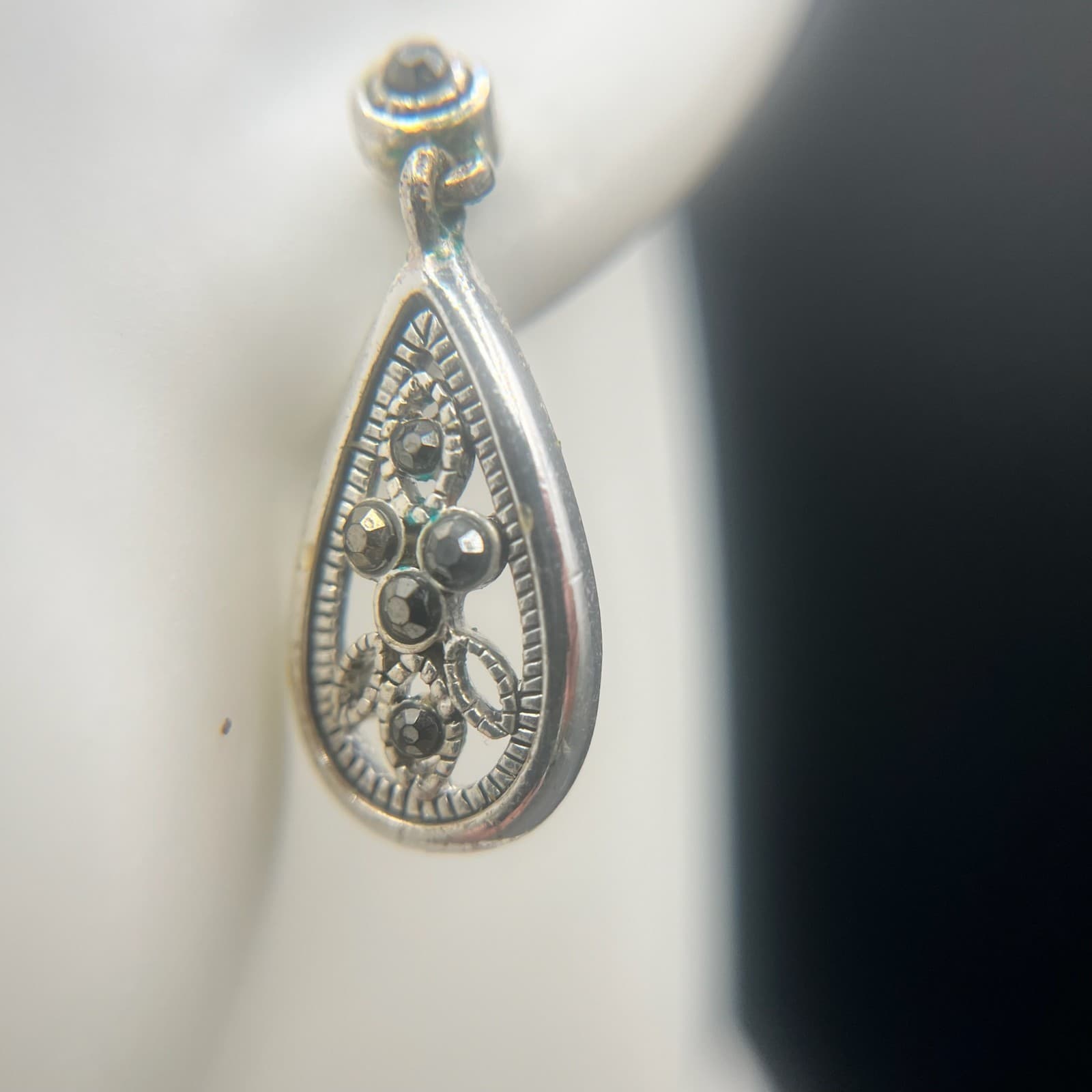 Vintage Teardrop Dangle Earrings Silver Tone Black Rhinestone Women's Jewellery - Thumbnail 4