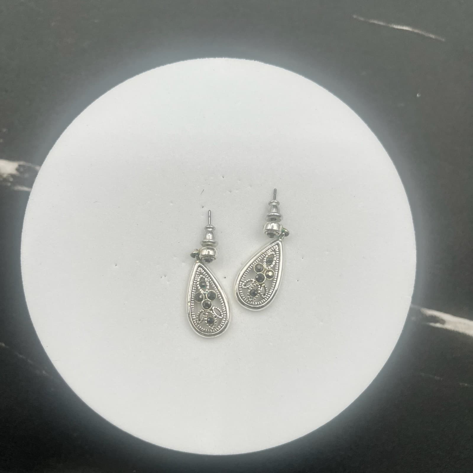 Vintage Teardrop Dangle Earrings Silver Tone Black Rhinestone Women's Jewellery - Thumbnail 7