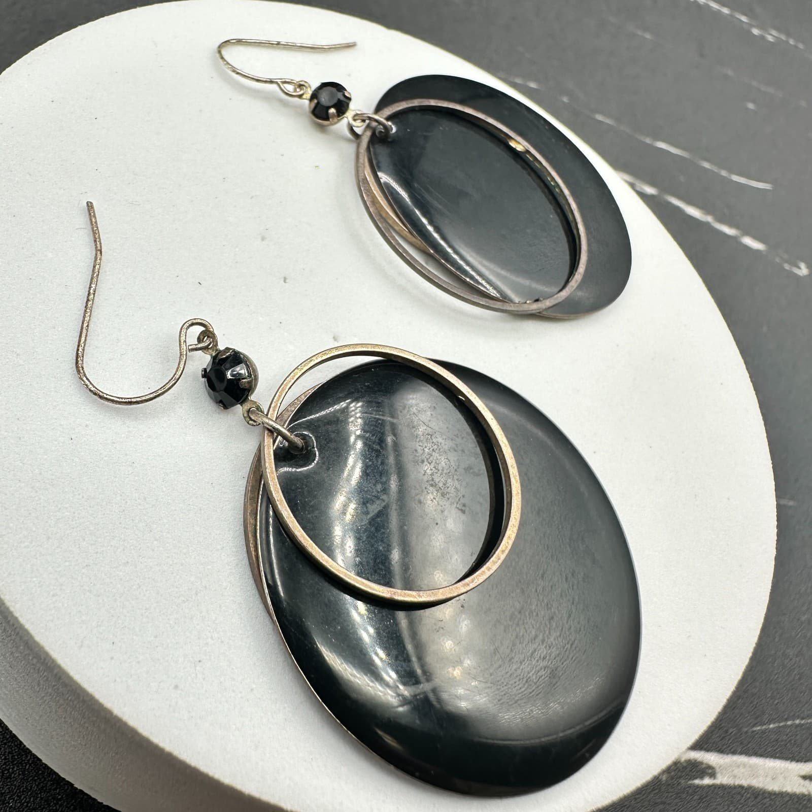 Vintage Black Resin & Silver Tone Double Circle Dangle Earrings - Thumbnail 8