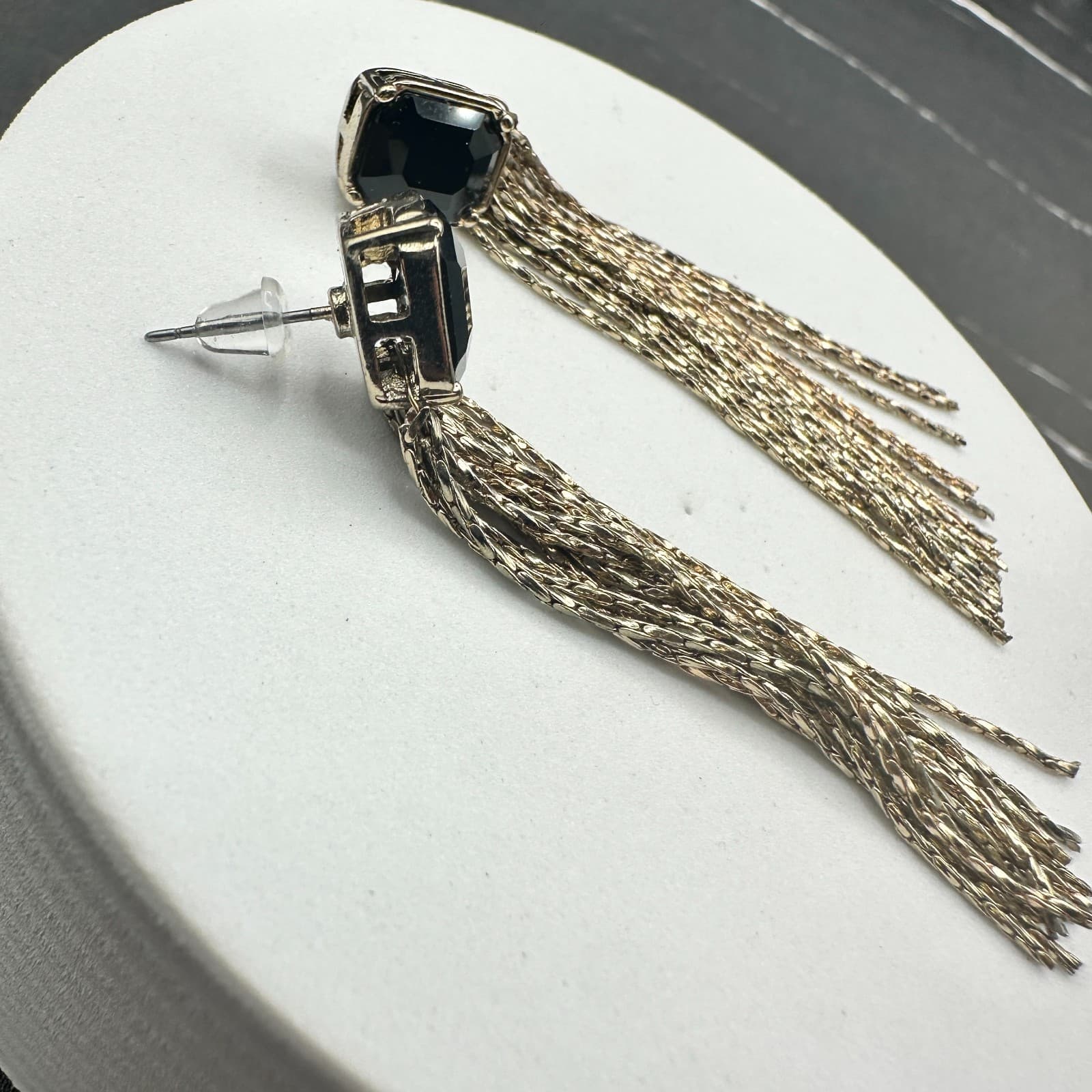 Vintage Silver Tone Black Faceted Stone Chain Tassel Clip-On Earrings - Thumbnail 10