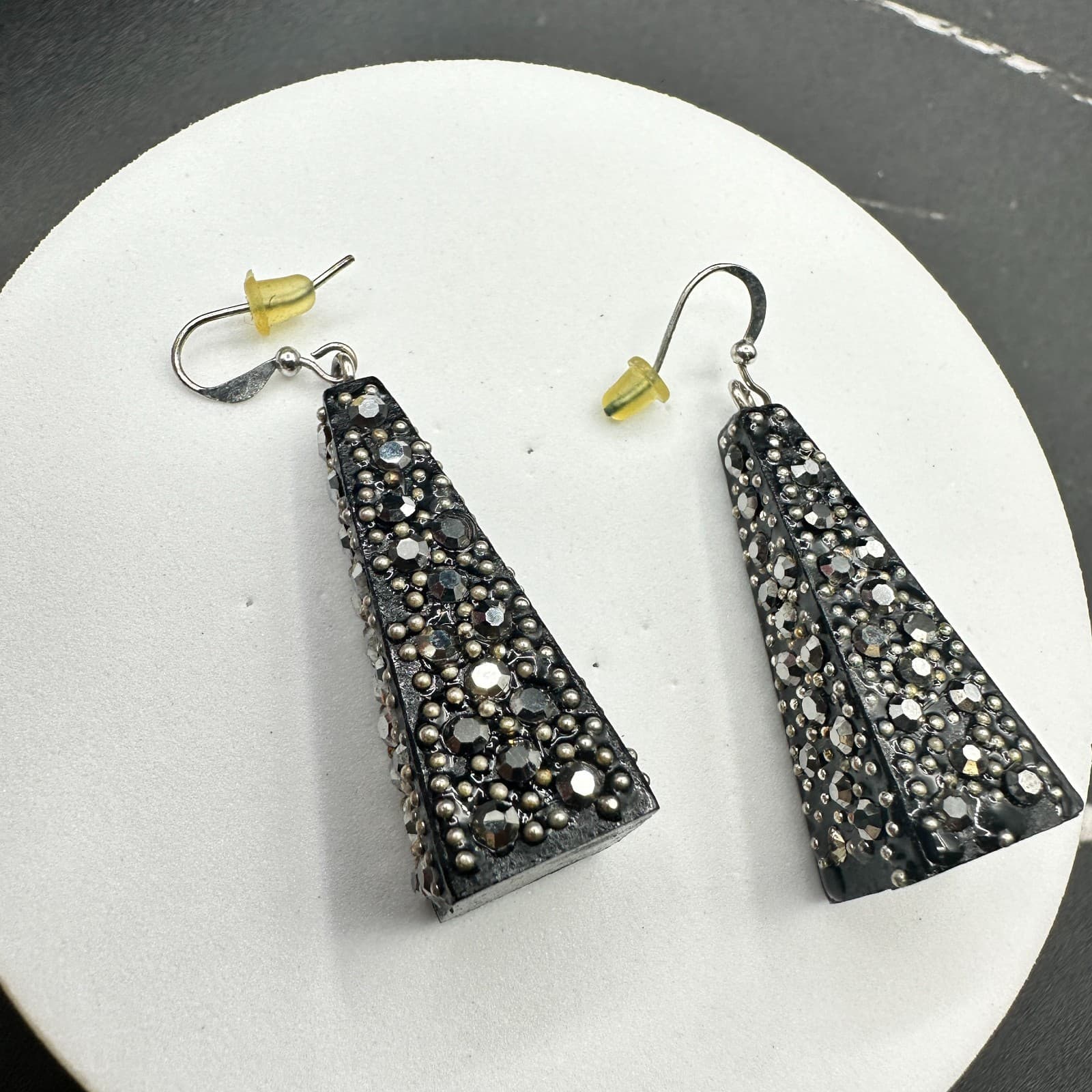 Vintage Black Rhinestone Studded Tapered Dangle Earrings Punk Glam - Thumbnail 9