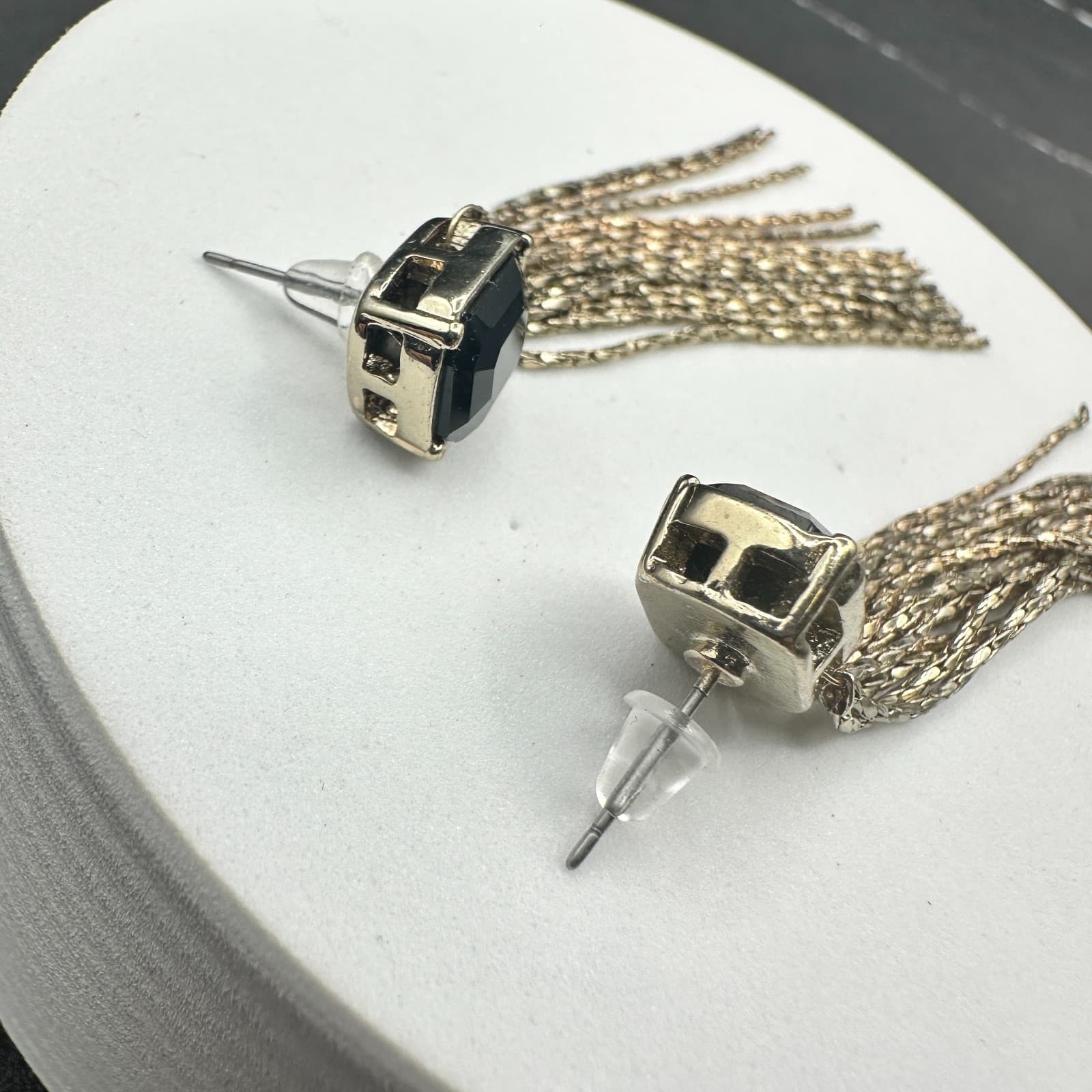 Vintage Silver Tone Black Faceted Stone Chain Tassel Clip-On Earrings - Thumbnail 9