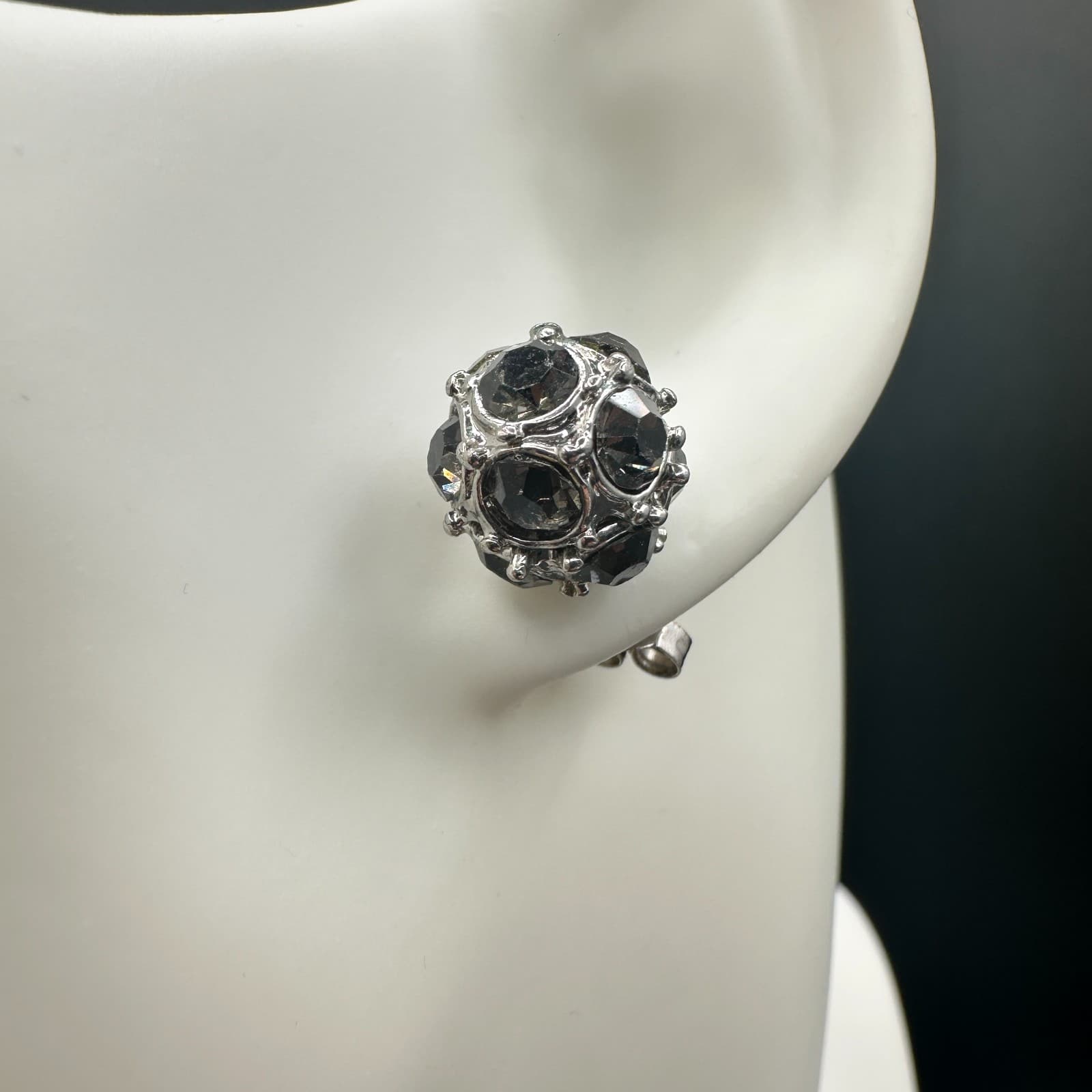 Vintage Silver Tone Alloy Black Faceted Crystal Stud Earrings Women Round Cluste - Thumbnail 9