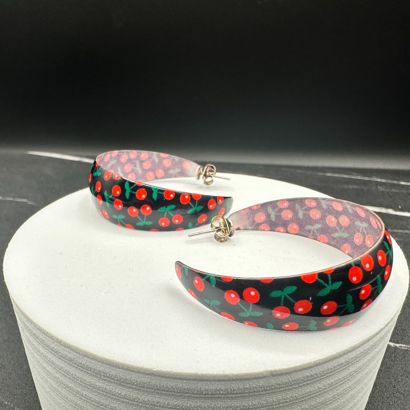 Vintage Acrylic Hoop Earrings Women Large Black Red Cherry Pattern Fruit Retro - Thumbnail 5