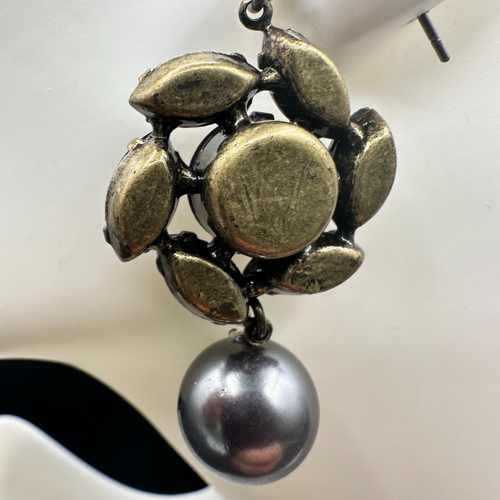 Vintage Statement Dangle Earrings Women Gray Pearl Drop Purple Crystal Antique - Thumbnail 4