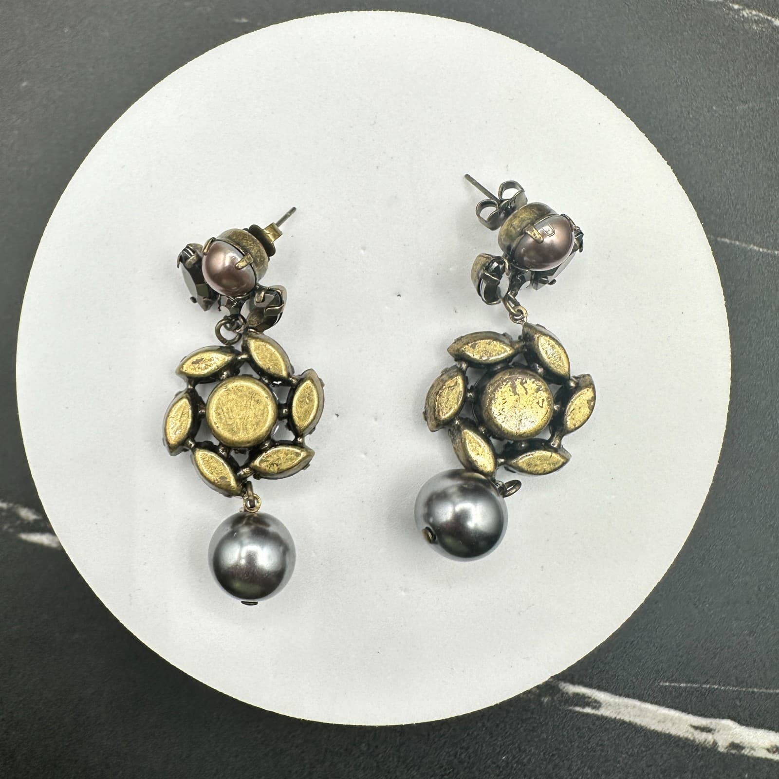 Vintage Statement Dangle Earrings Women Gray Pearl Drop Purple Crystal Antique - Thumbnail 9