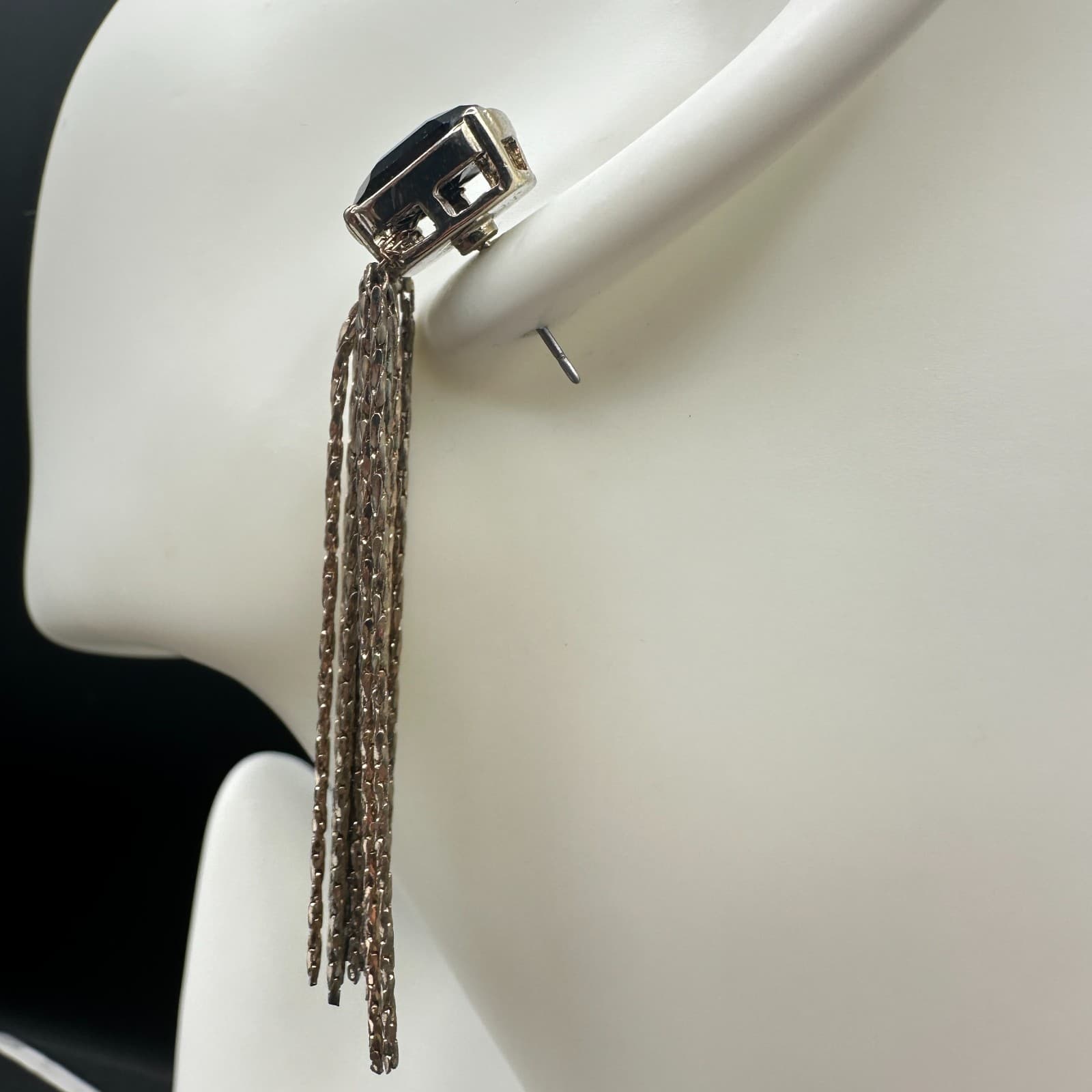 Vintage Silver Tone Black Faceted Stone Chain Tassel Clip-On Earrings - Thumbnail 6