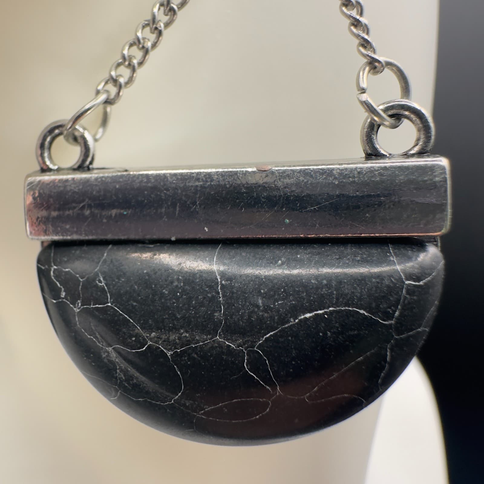 Black Half Moon Stone Dangle Earrings Silver Tone Chain Boho Geometric Jewelry - Thumbnail 3