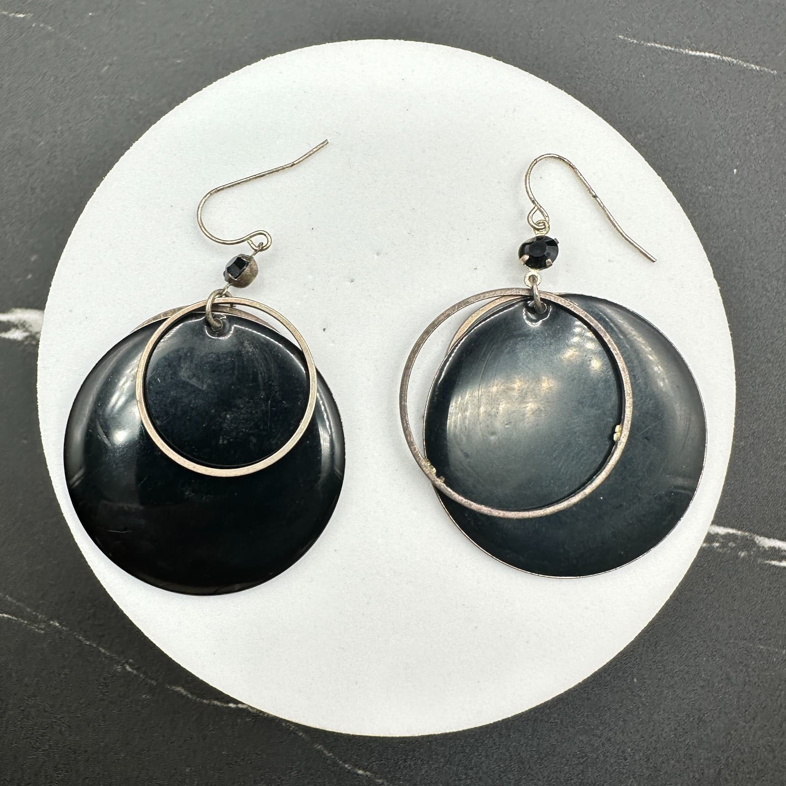 Vintage Black Resin & Silver Tone Double Circle Dangle Earrings - Thumbnail 6