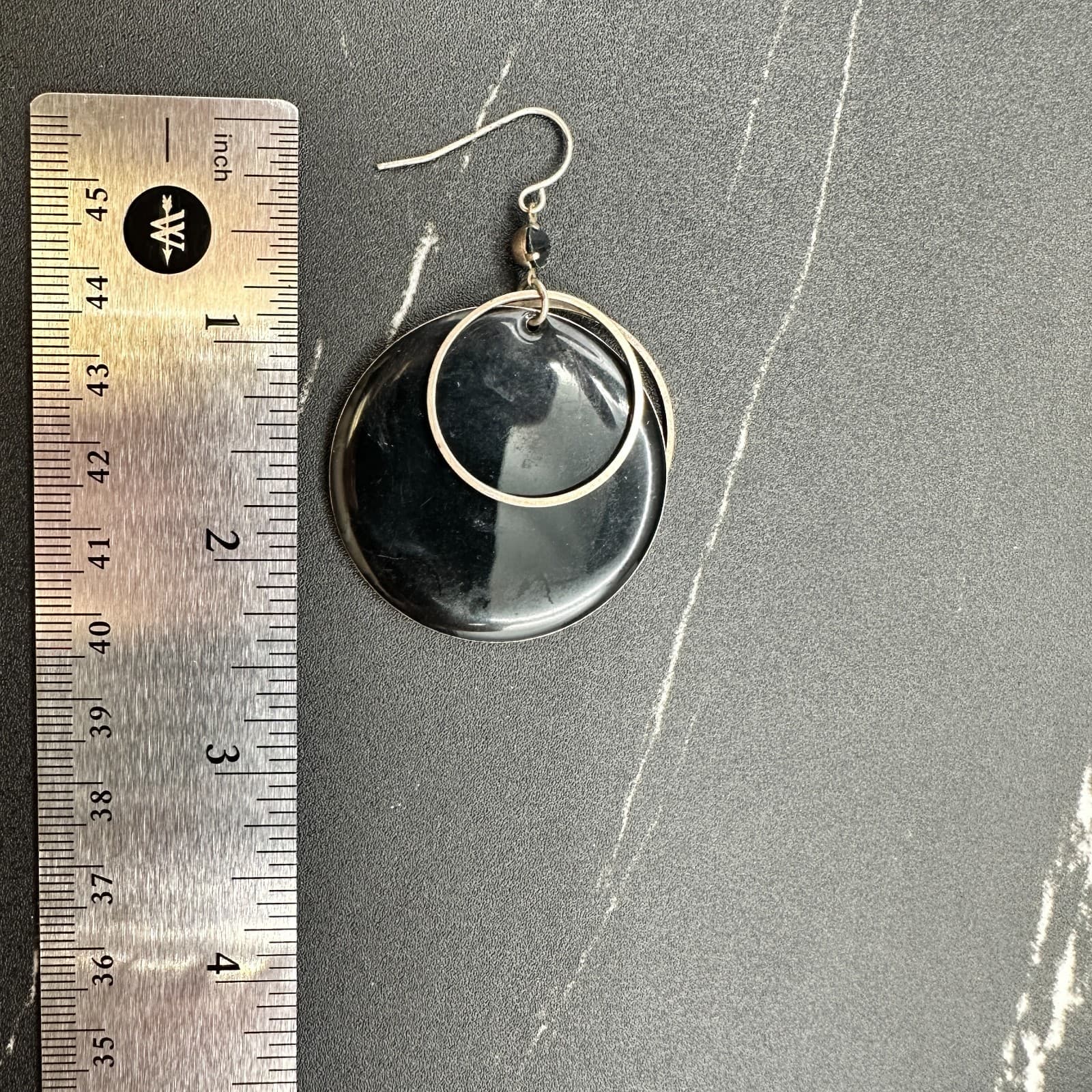 Vintage Black Resin & Silver Tone Double Circle Dangle Earrings - Thumbnail 9