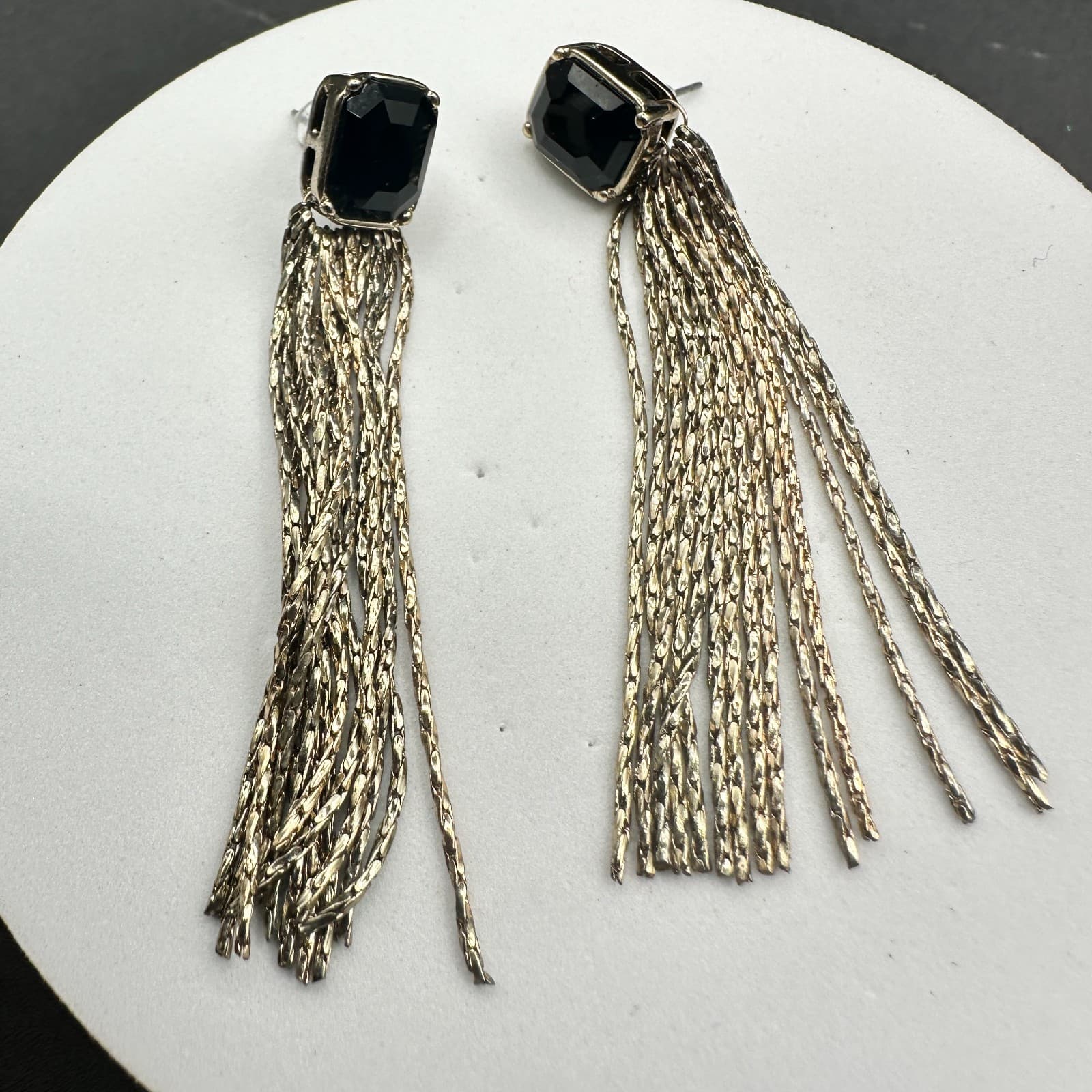 Vintage Silver Tone Black Faceted Stone Chain Tassel Clip-On Earrings - Thumbnail 8