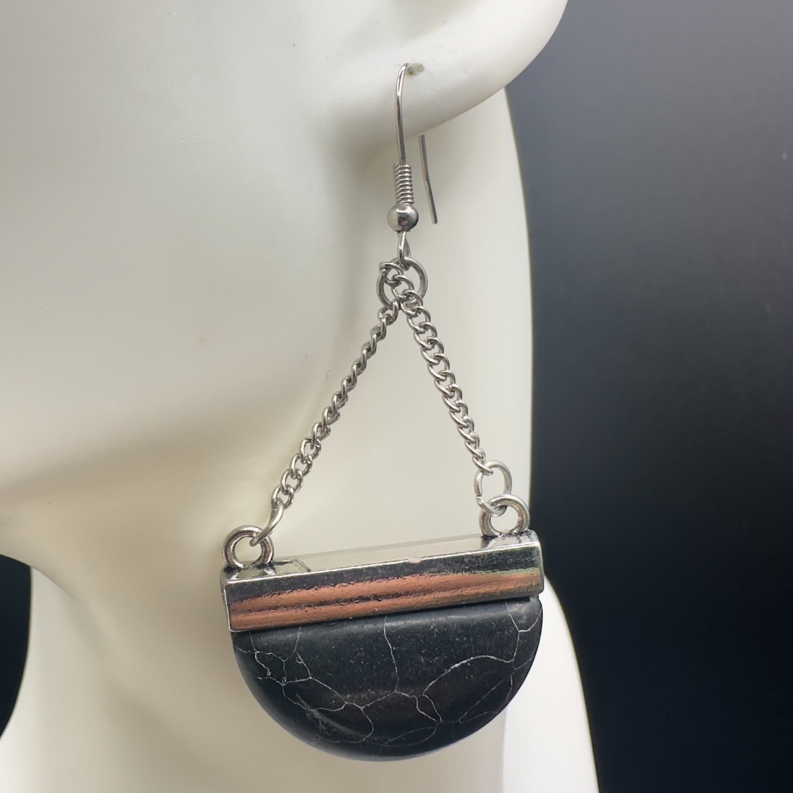 Black Half Moon Stone Dangle Earrings Silver Tone Chain Boho Geometric Jewelry - Thumbnail 7