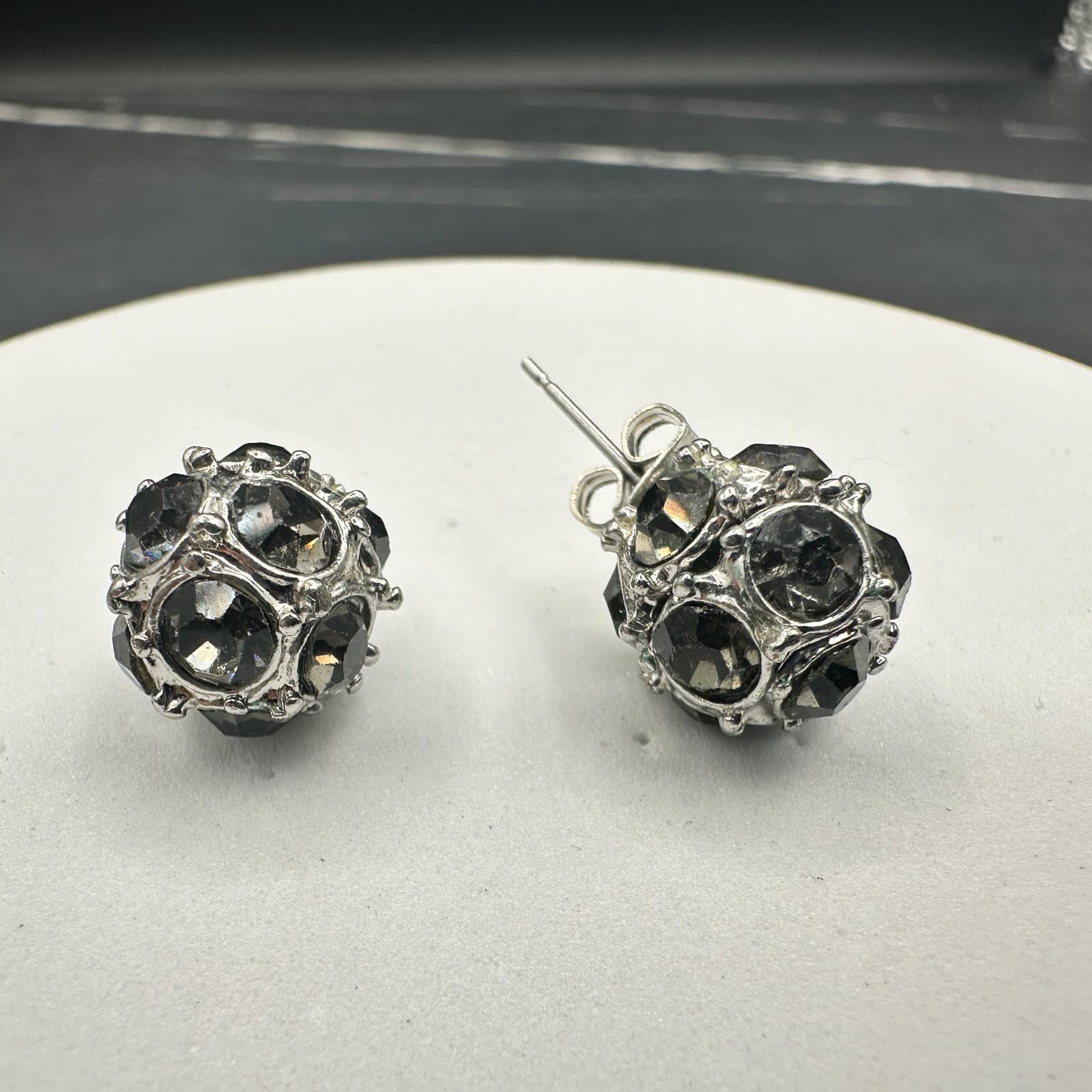 Vintage Silver Tone Alloy Black Faceted Crystal Stud Earrings Women Round Cluste - Thumbnail 14