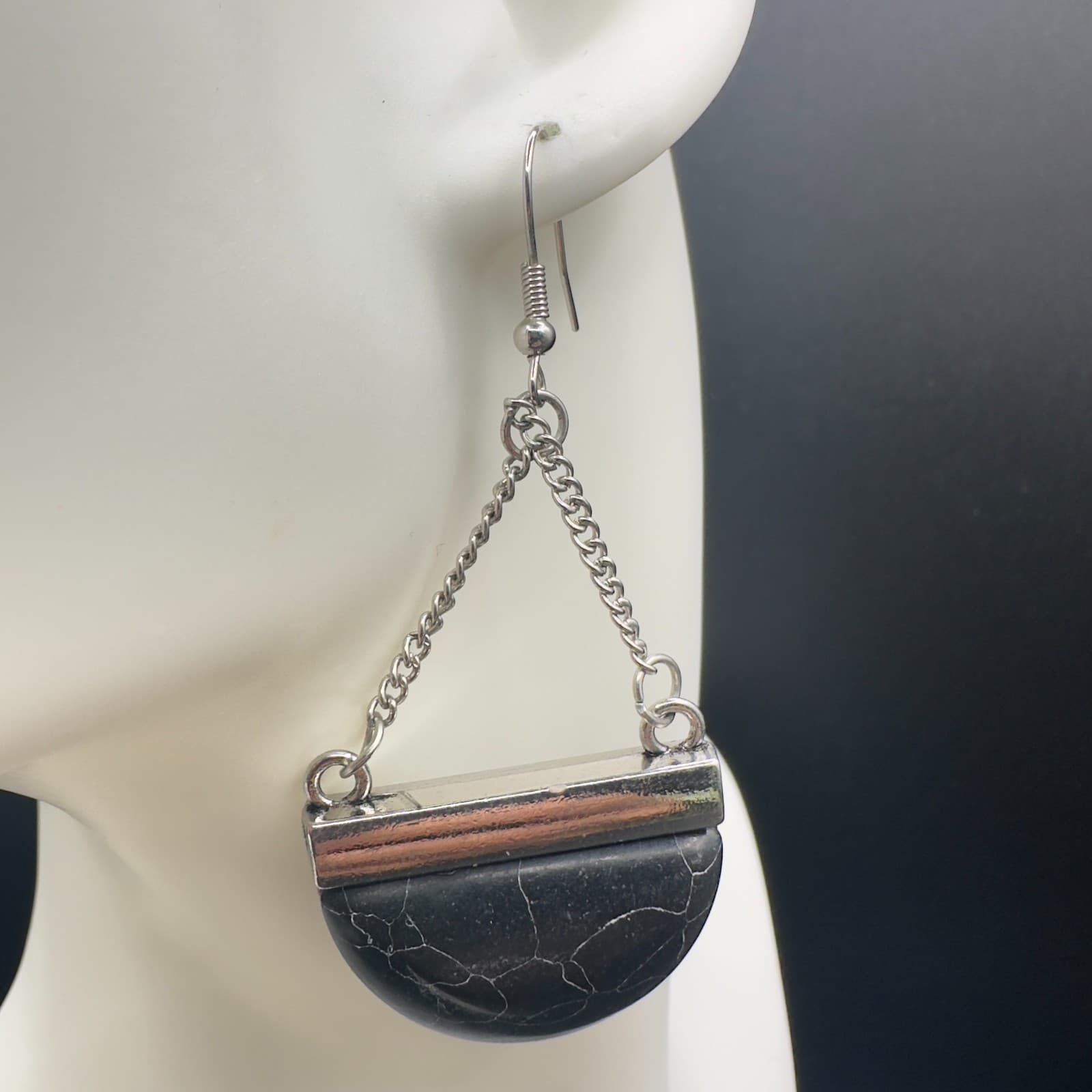 Black Half Moon Stone Dangle Earrings Silver Tone Chain Boho Geometric Jewelry - Thumbnail 4