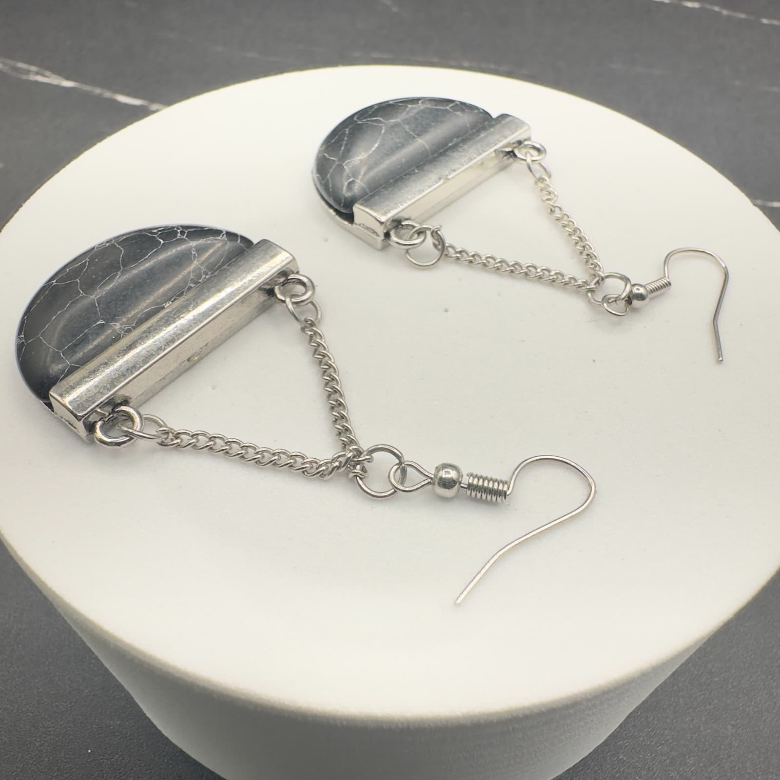 Black Half Moon Stone Dangle Earrings Silver Tone Chain Boho Geometric Jewelry - Thumbnail 12