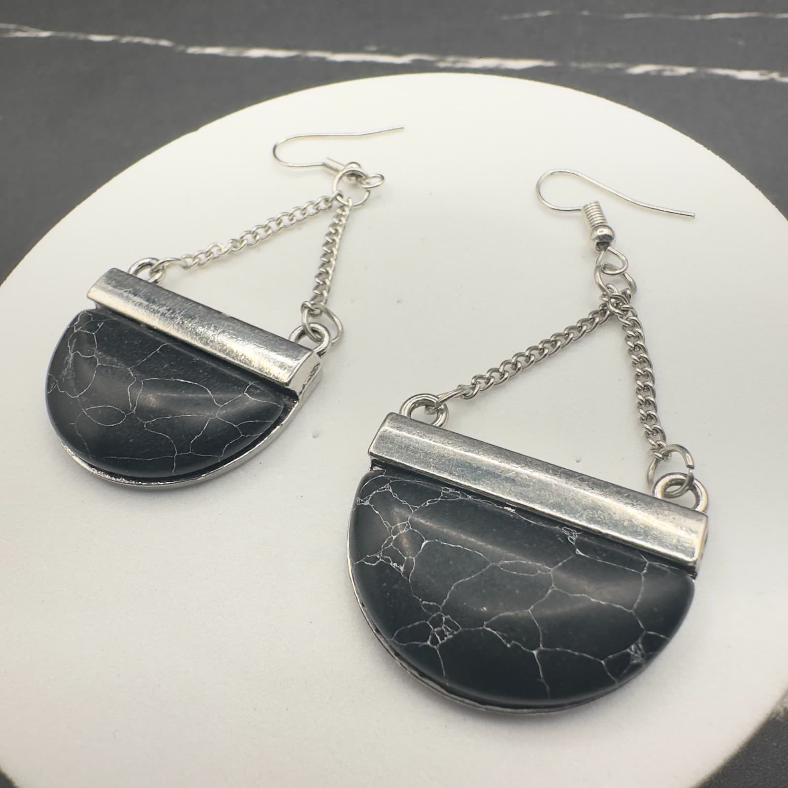 Black Half Moon Stone Dangle Earrings Silver Tone Chain Boho Geometric Jewelry - Thumbnail 11