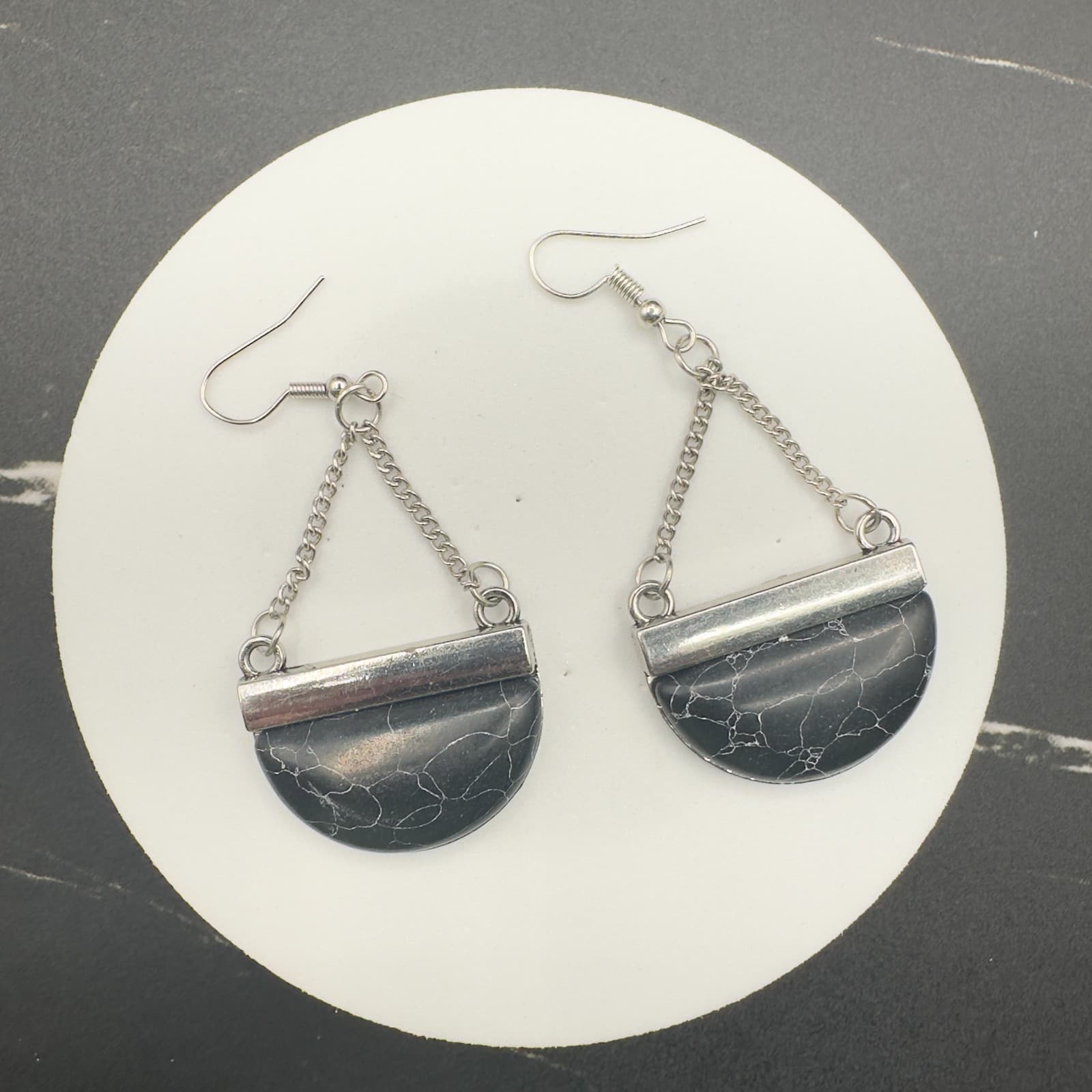 Black Half Moon Stone Dangle Earrings Silver Tone Chain Boho Geometric Jewelry - Thumbnail 9