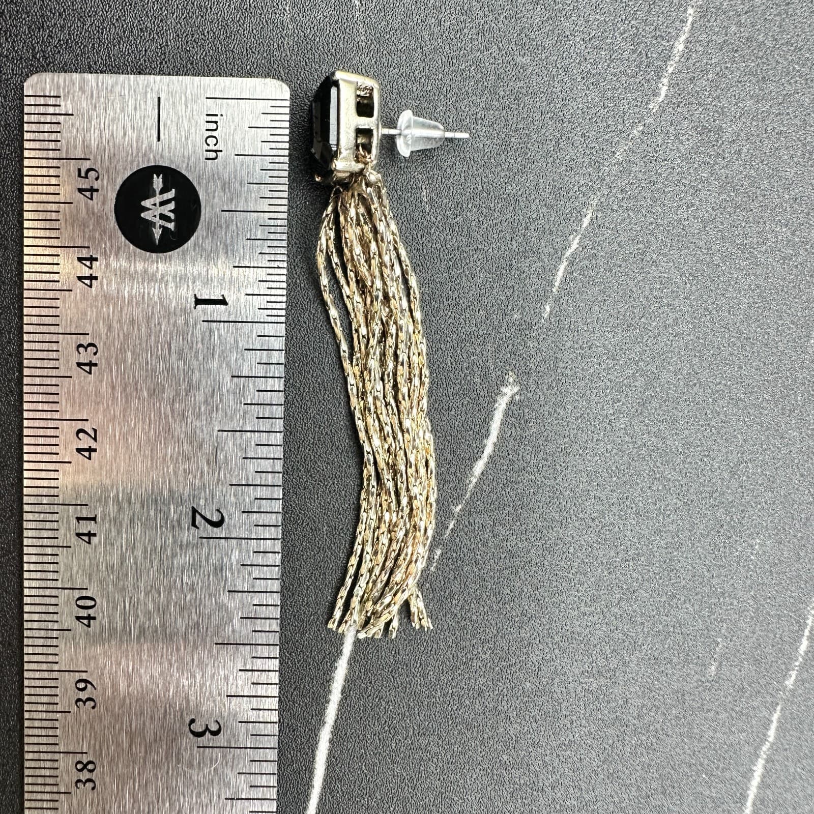 Vintage Silver Tone Black Faceted Stone Chain Tassel Clip-On Earrings - Thumbnail 11