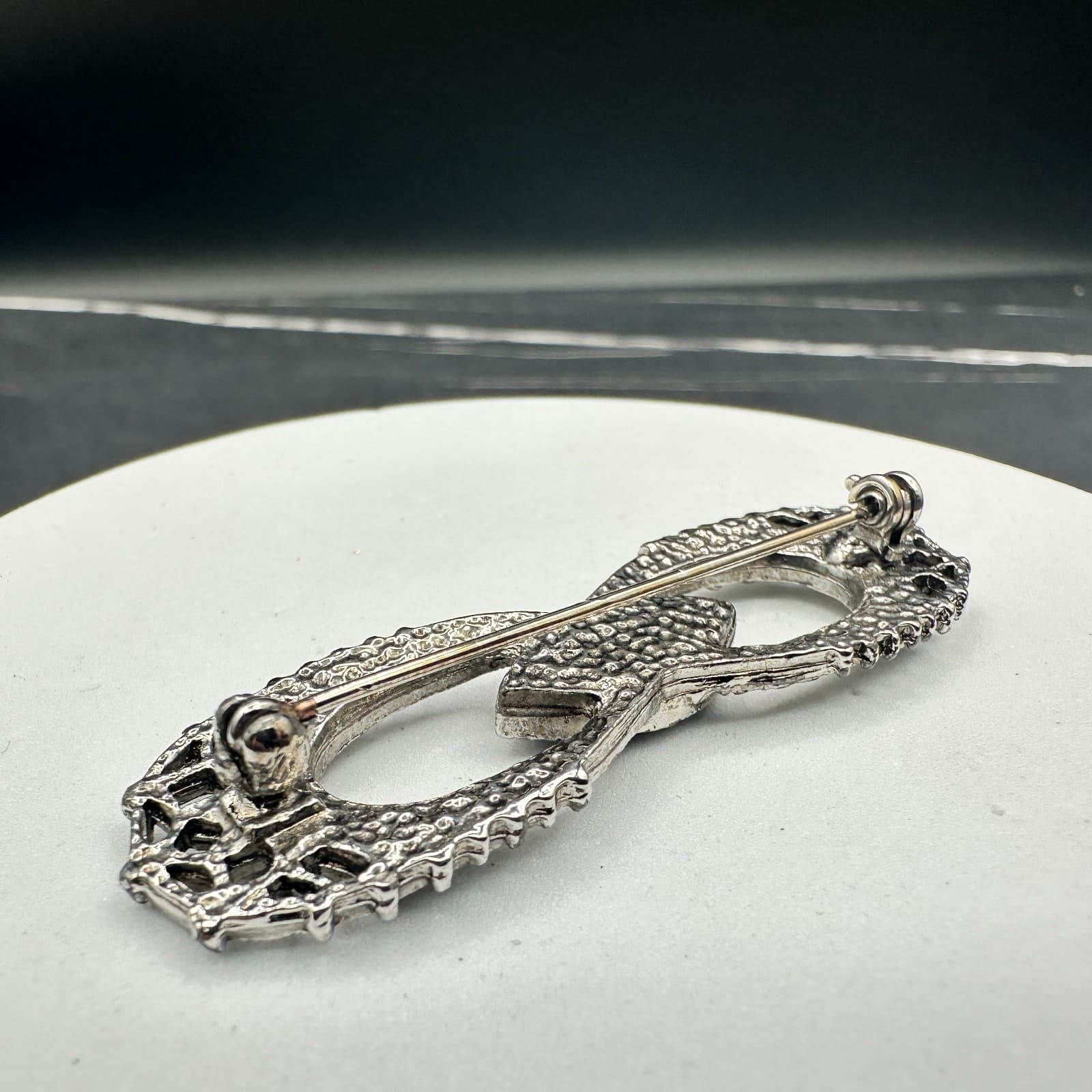 Vintage Silver Tone Black Marquise Rhinestone Brooch Art Deco Style - Thumbnail 5
