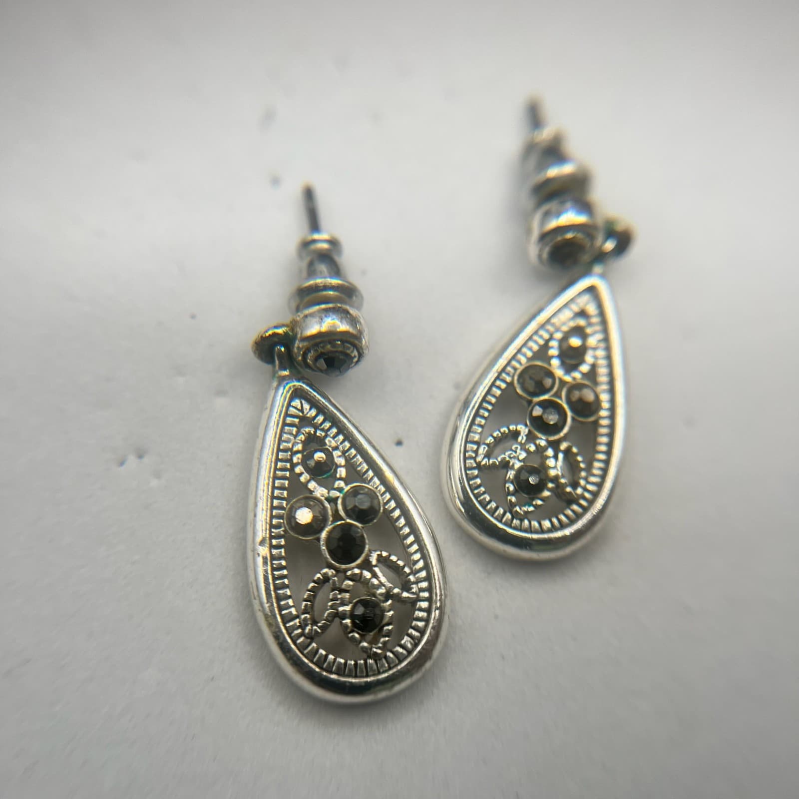 Vintage Teardrop Dangle Earrings Silver Tone Black Rhinestone Women's Jewellery - Thumbnail 10