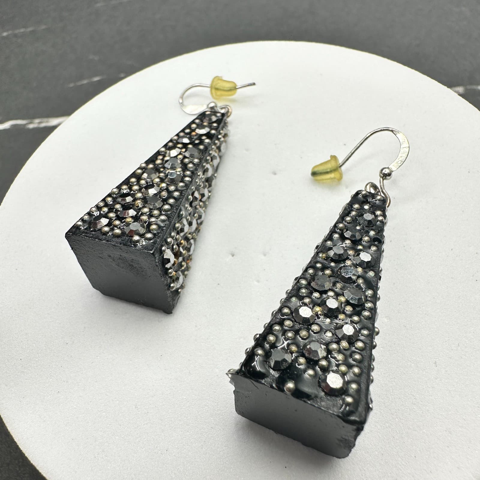 Vintage Black Rhinestone Studded Tapered Dangle Earrings Punk Glam - Thumbnail 8