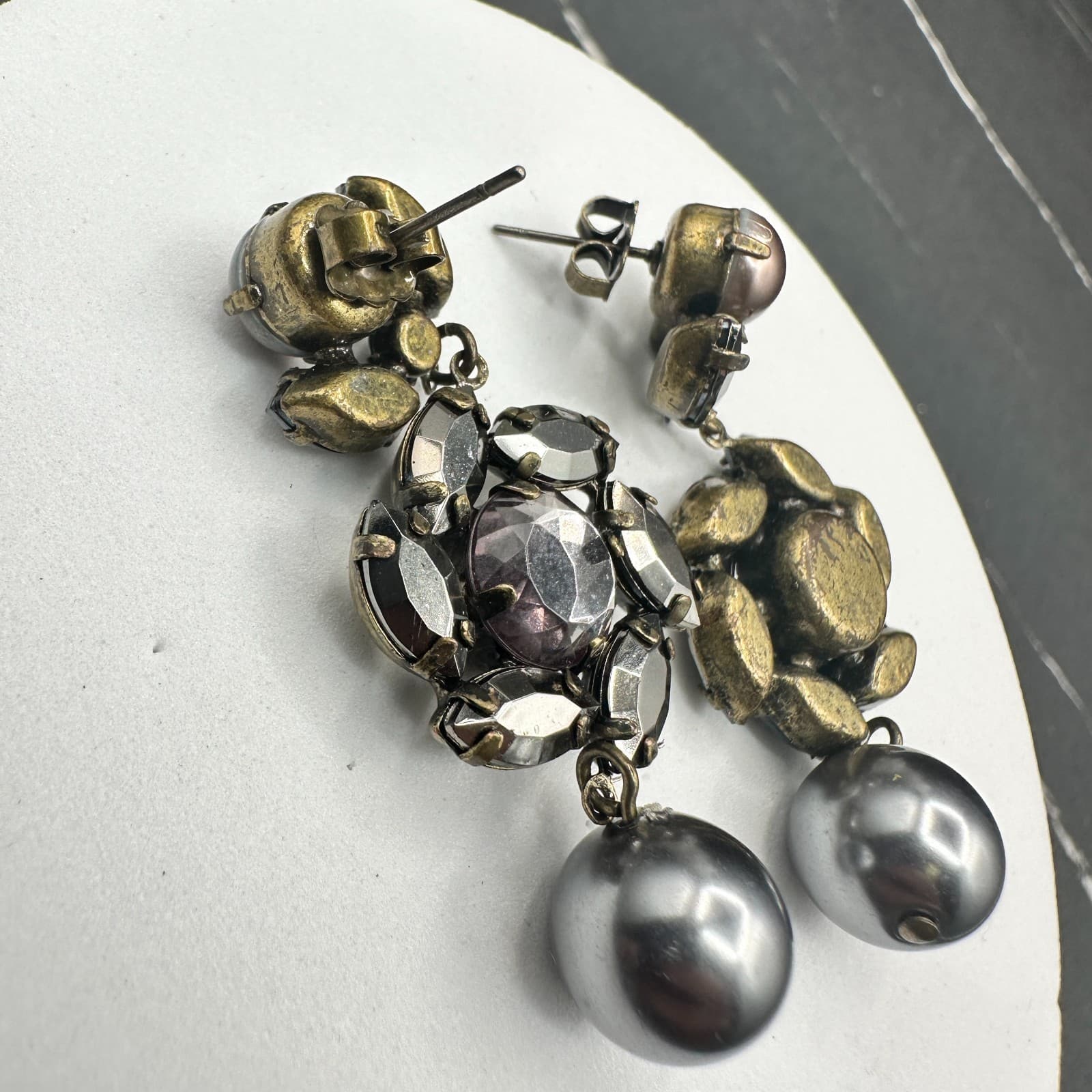 Vintage Statement Dangle Earrings Women Gray Pearl Drop Purple Crystal Antique - Thumbnail 12