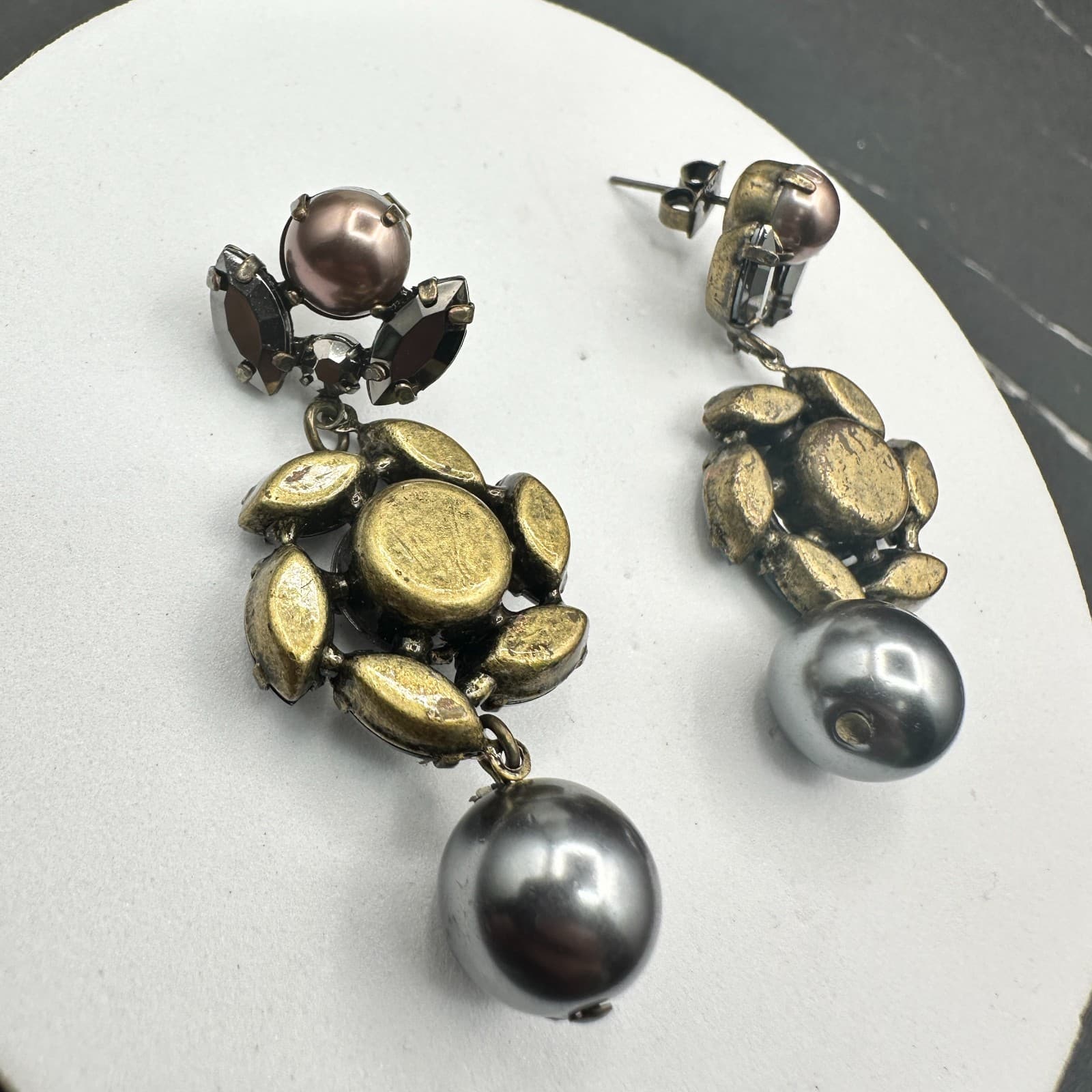 Vintage Statement Dangle Earrings Women Gray Pearl Drop Purple Crystal Antique - Thumbnail 11