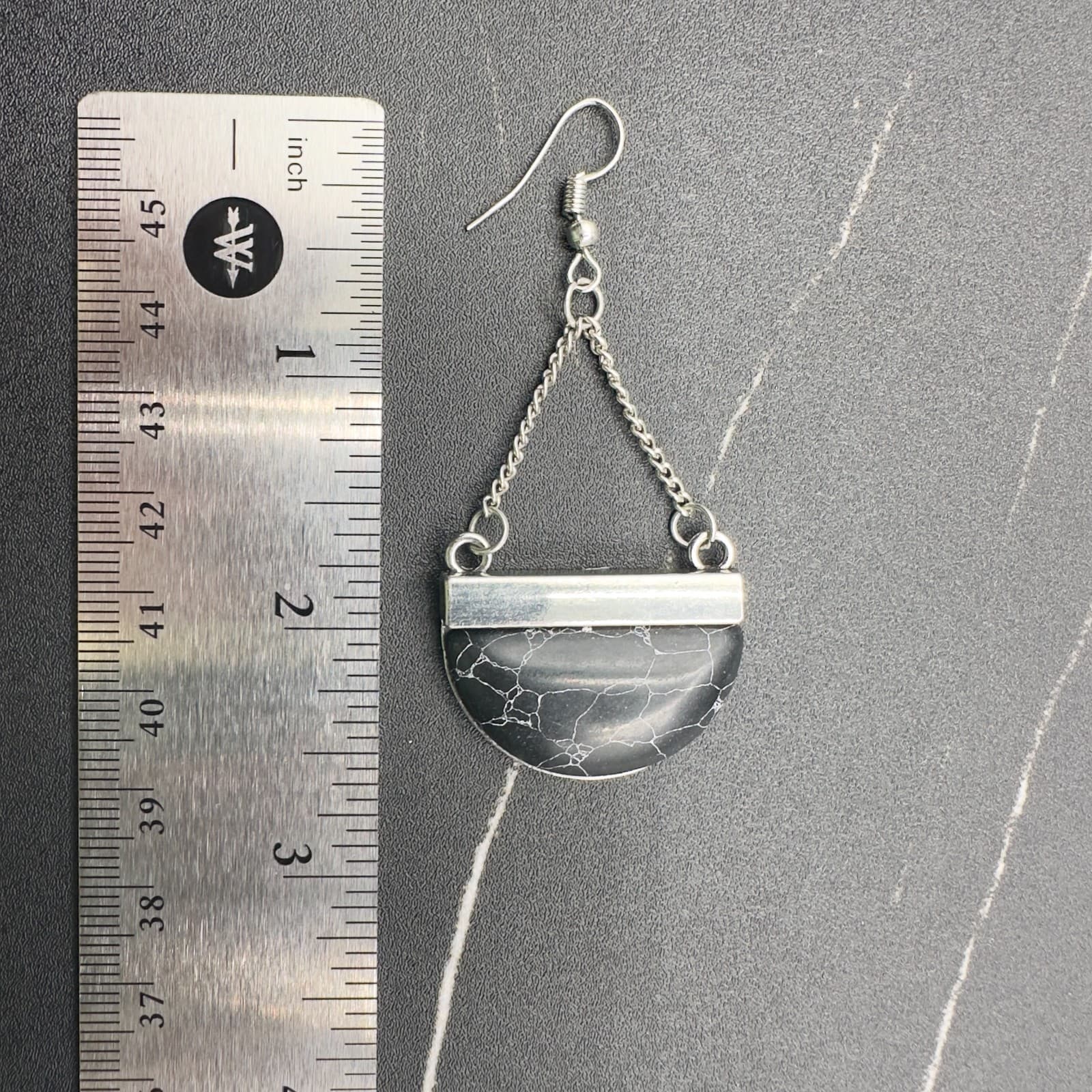Black Half Moon Stone Dangle Earrings Silver Tone Chain Boho Geometric Jewelry - Thumbnail 8
