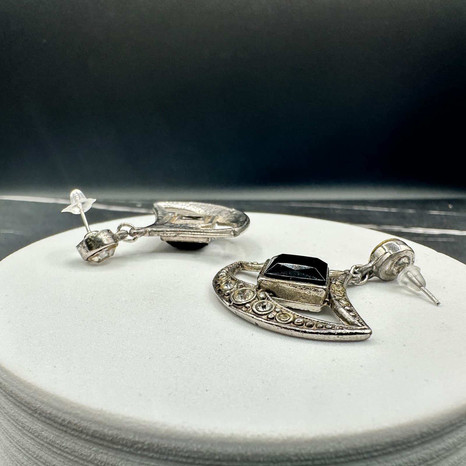 VTG Silver Tone Dangle Earrings Black Square Stone Rhinestone Art Deco Style - Thumbnail 6