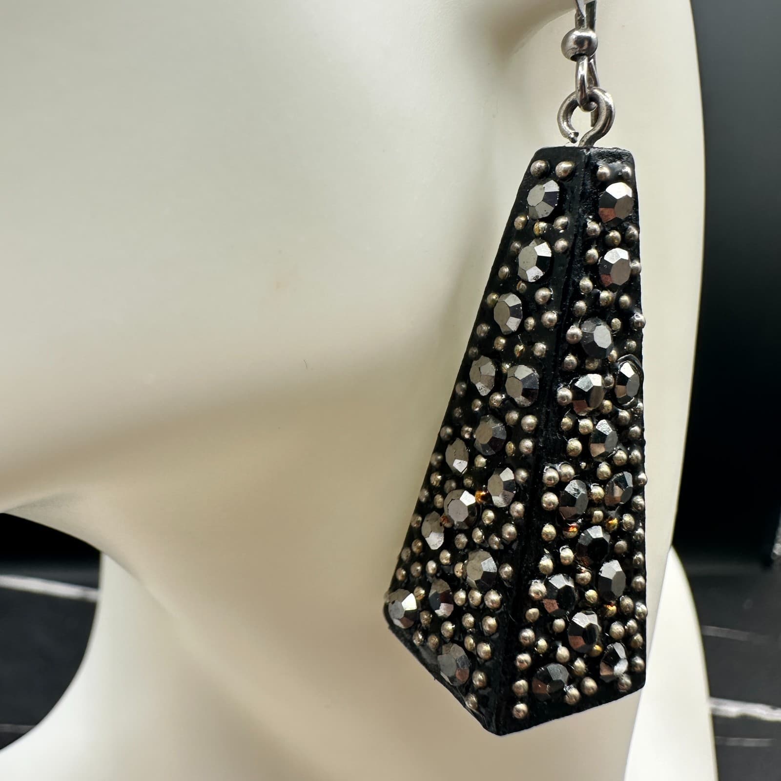 Vintage Black Rhinestone Studded Tapered Dangle Earrings Punk Glam - Thumbnail 3