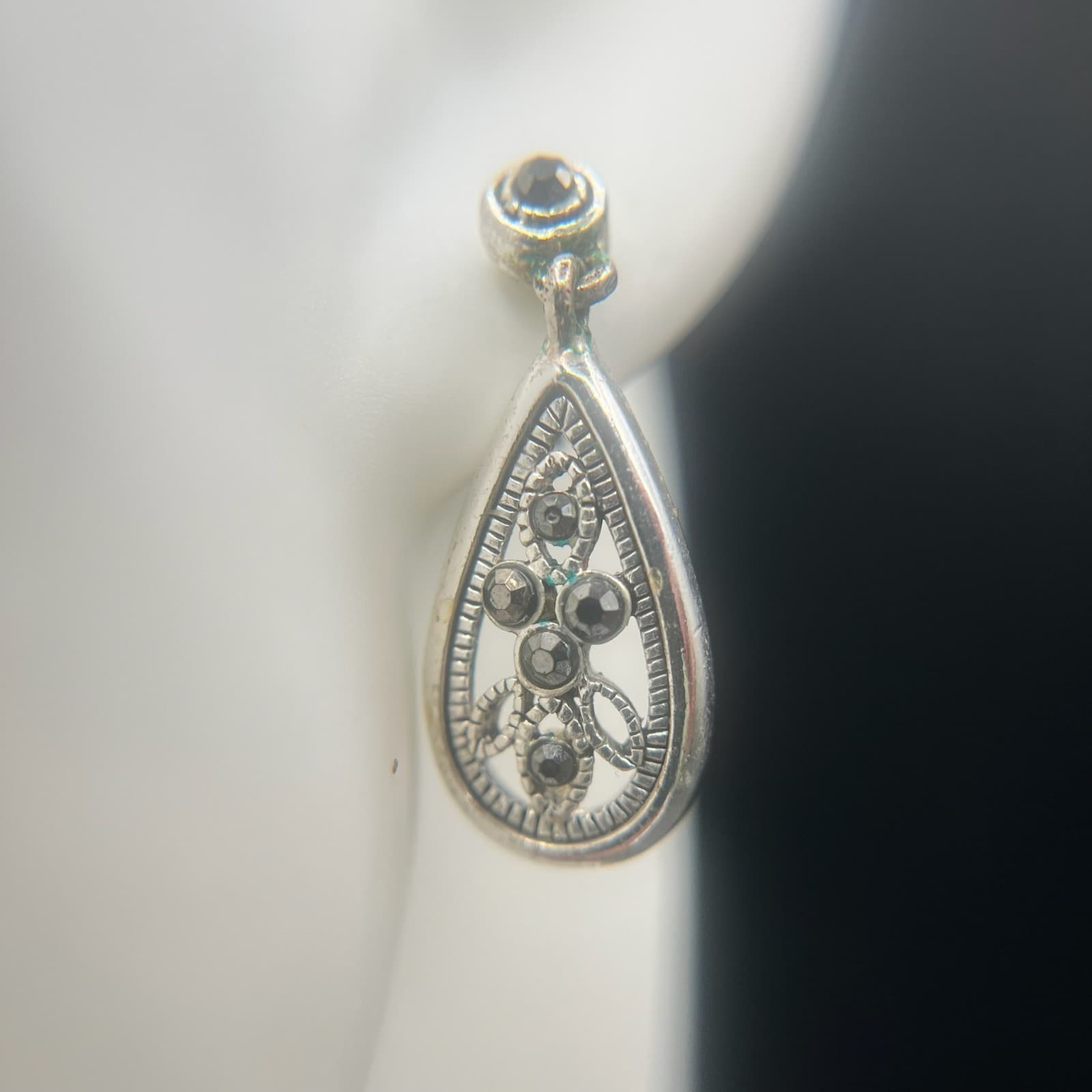 Vintage Teardrop Dangle Earrings Silver Tone Black Rhinestone Women's Jewellery - Thumbnail 2