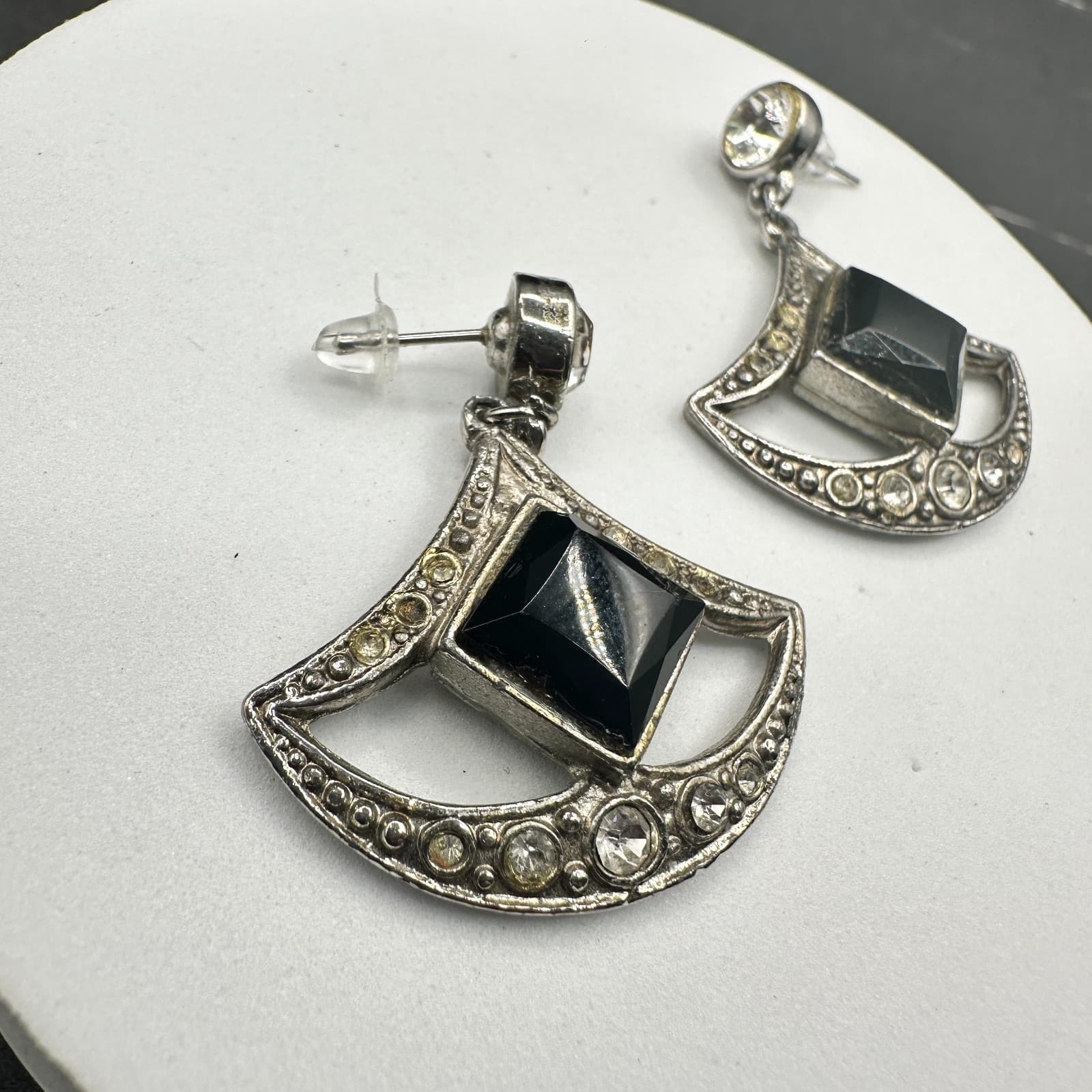 VTG Silver Tone Dangle Earrings Black Square Stone Rhinestone Art Deco Style - Thumbnail 3