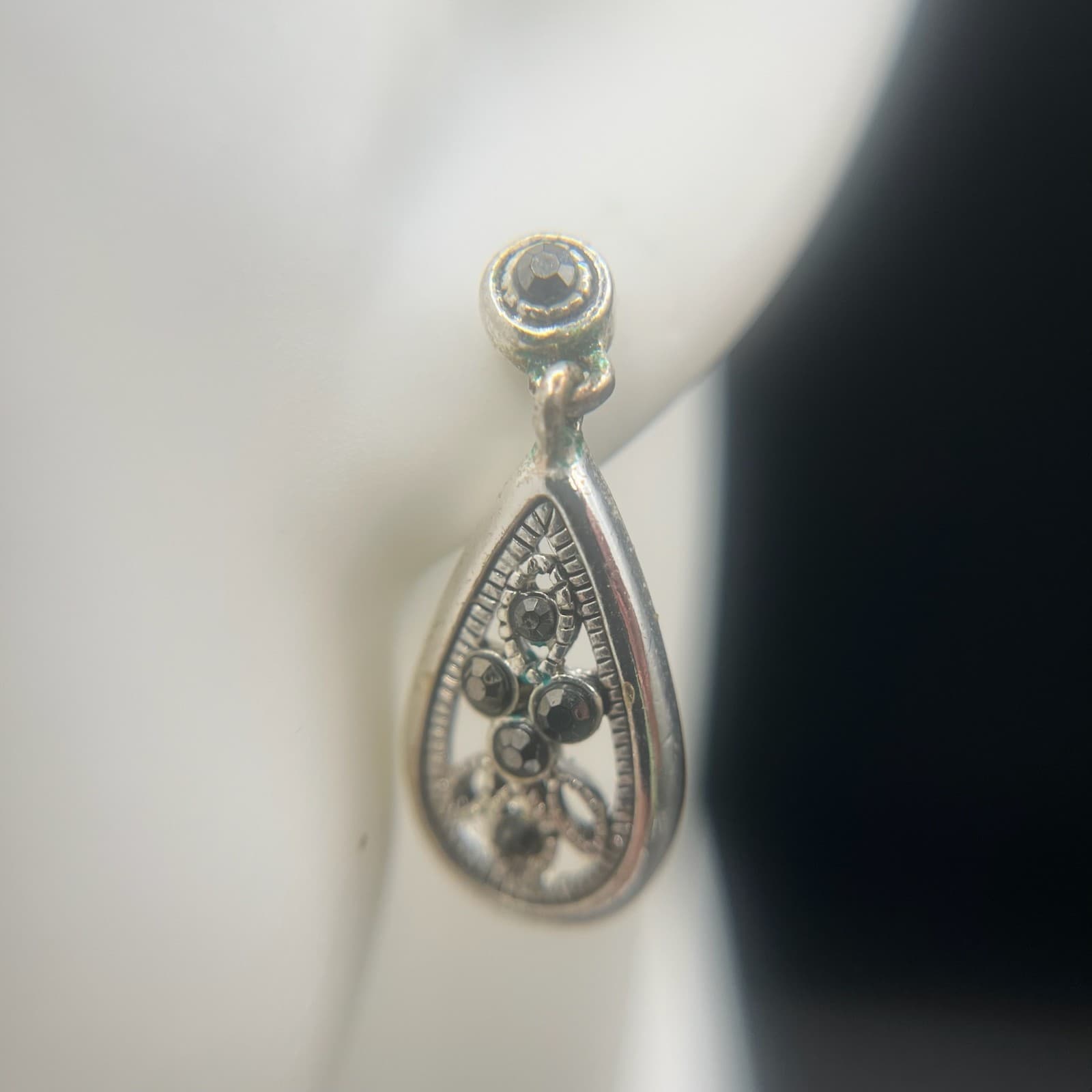 Vintage Teardrop Dangle Earrings Silver Tone Black Rhinestone Women's Jewellery - Thumbnail 3