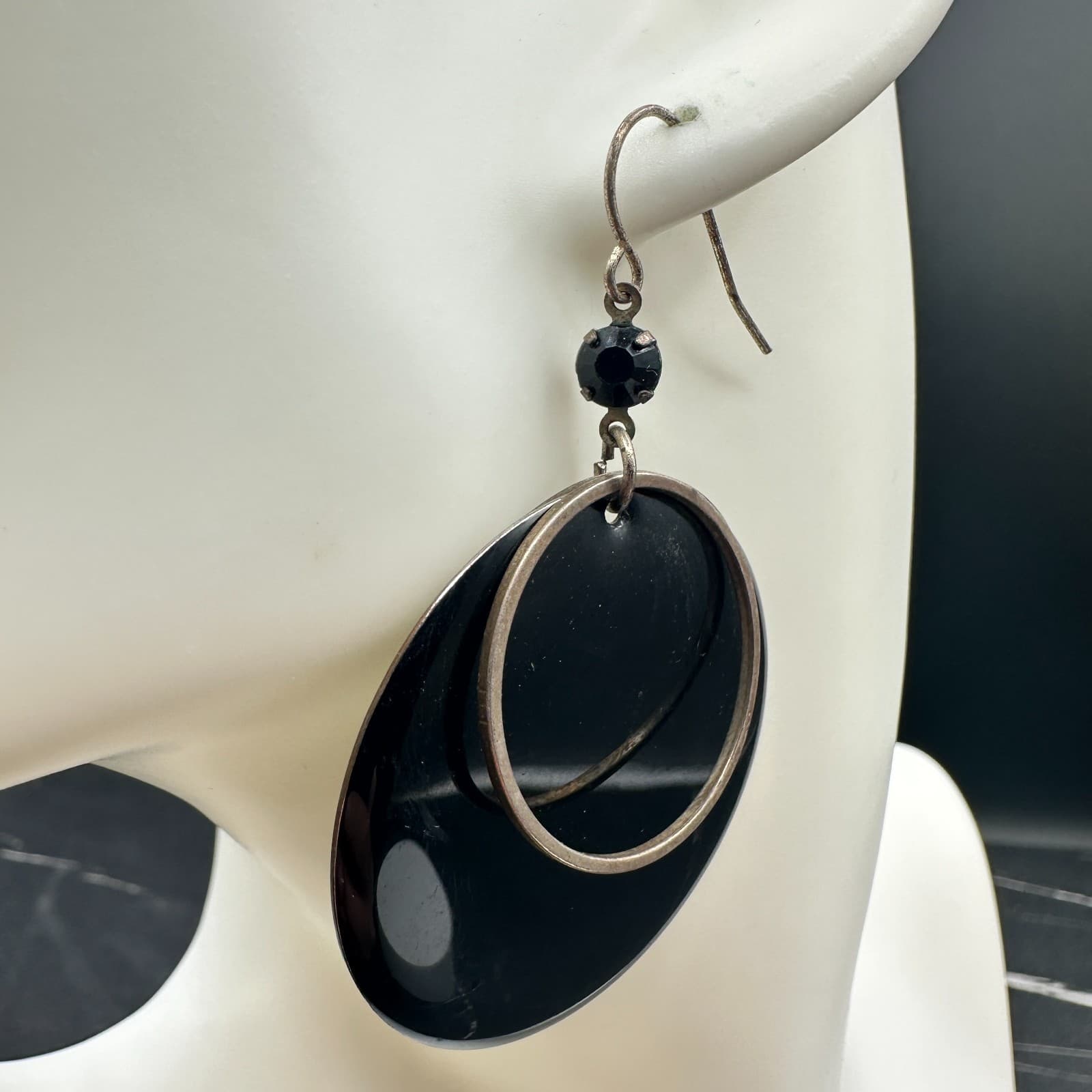 Vintage Black Resin & Silver Tone Double Circle Dangle Earrings - Thumbnail 5