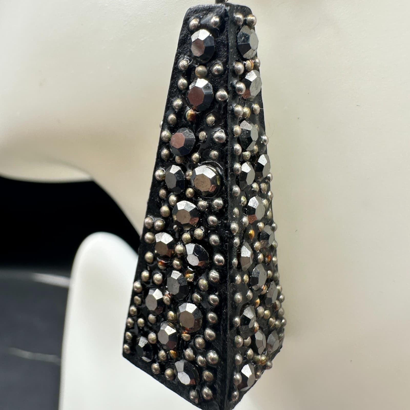 Vintage Black Rhinestone Studded Tapered Dangle Earrings Punk Glam - Thumbnail 4