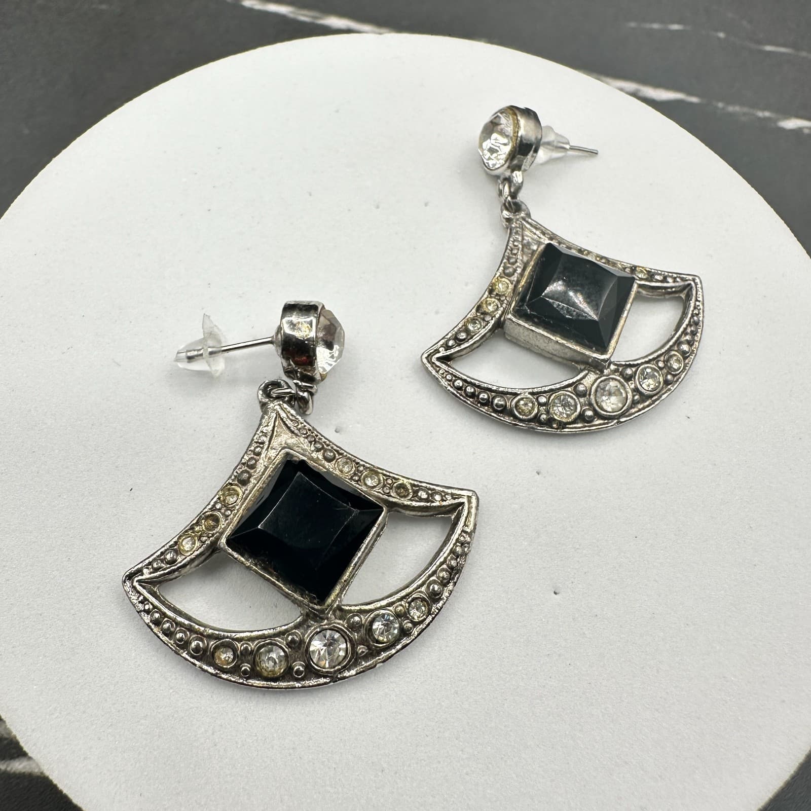 VTG Silver Tone Dangle Earrings Black Square Stone Rhinestone Art Deco Style - Thumbnail 2