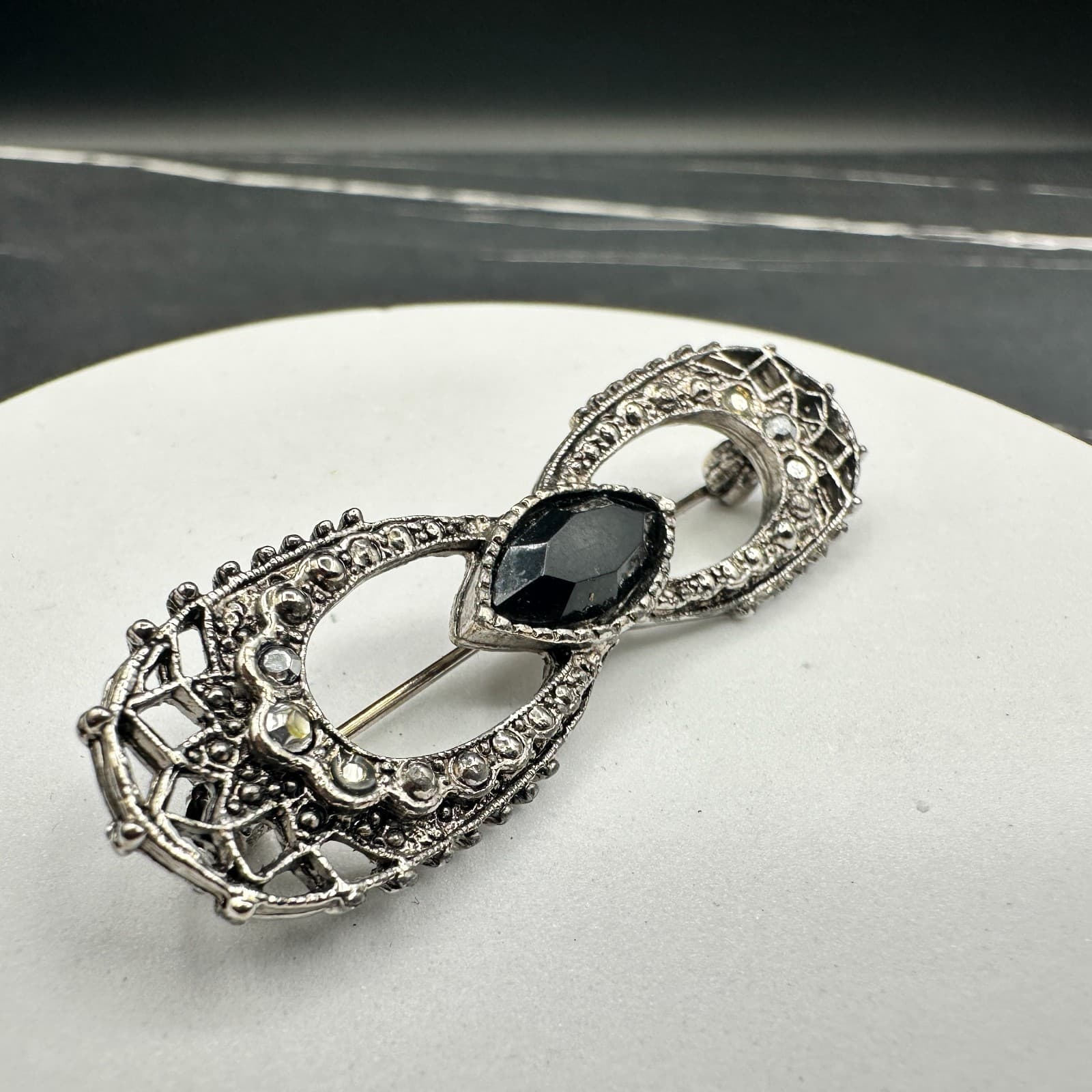 Vintage Silver Tone Black Marquise Rhinestone Brooch Art Deco Style - Thumbnail 4