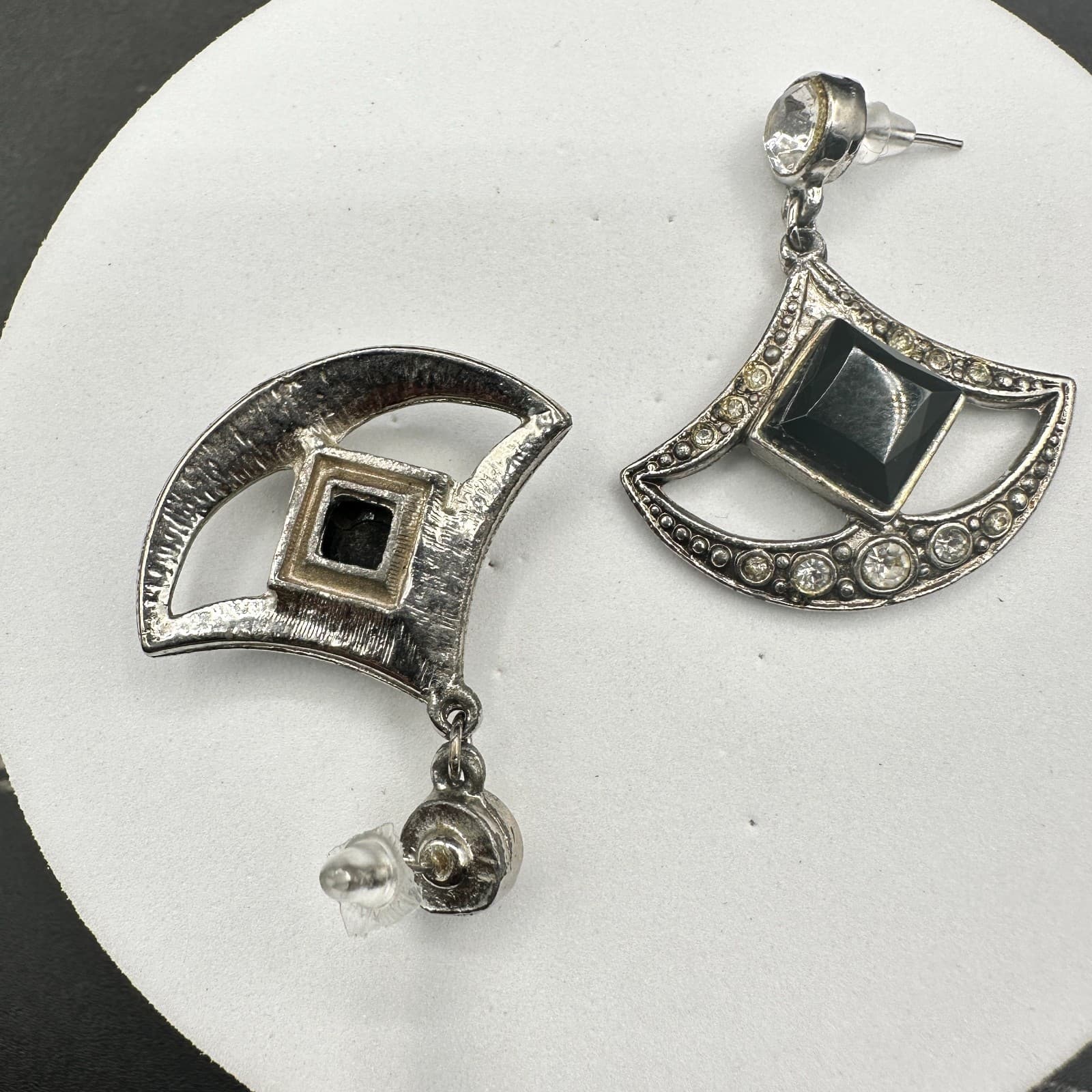 VTG Silver Tone Dangle Earrings Black Square Stone Rhinestone Art Deco Style - Thumbnail 4