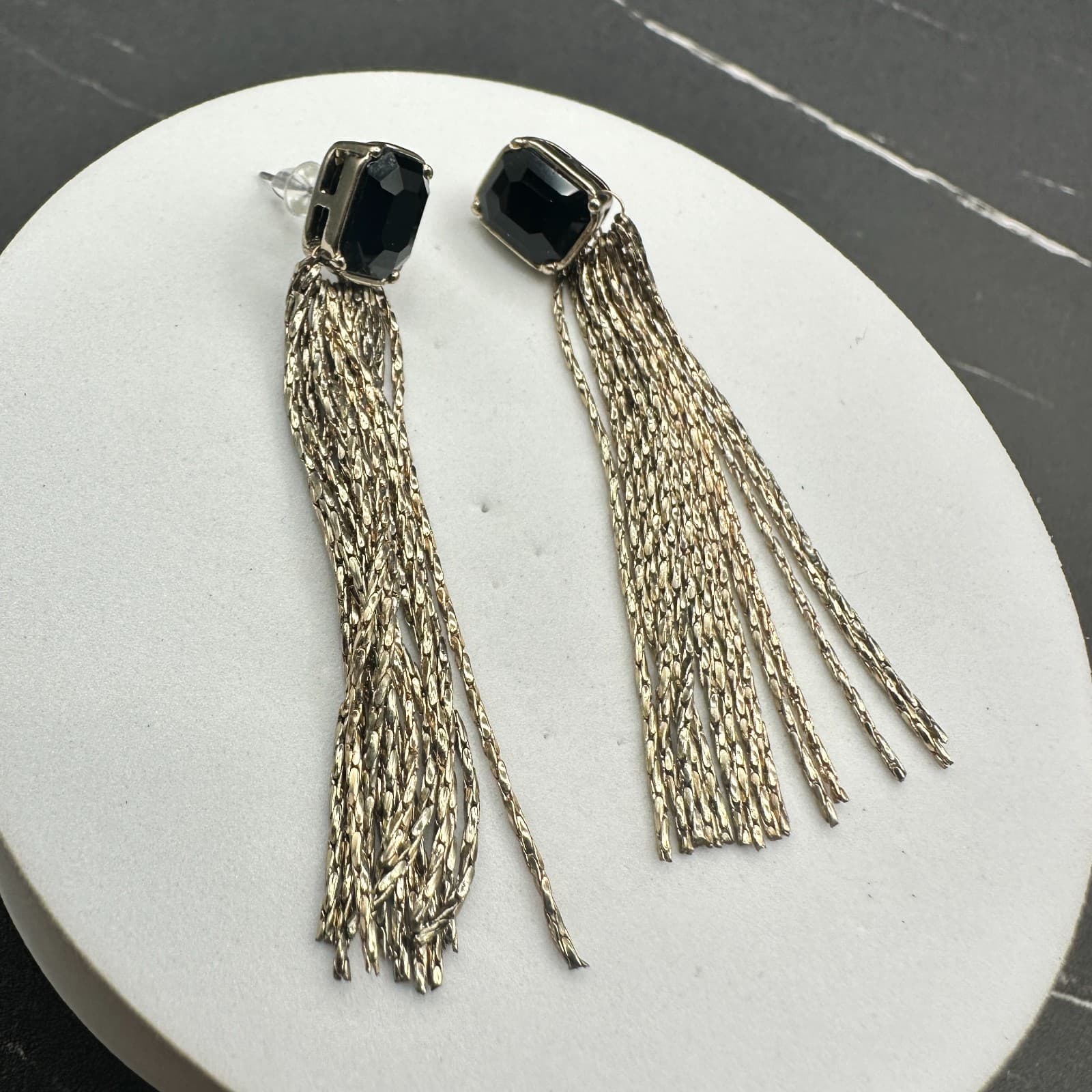 Vintage Silver Tone Black Faceted Stone Chain Tassel Clip-On Earrings - Thumbnail 7