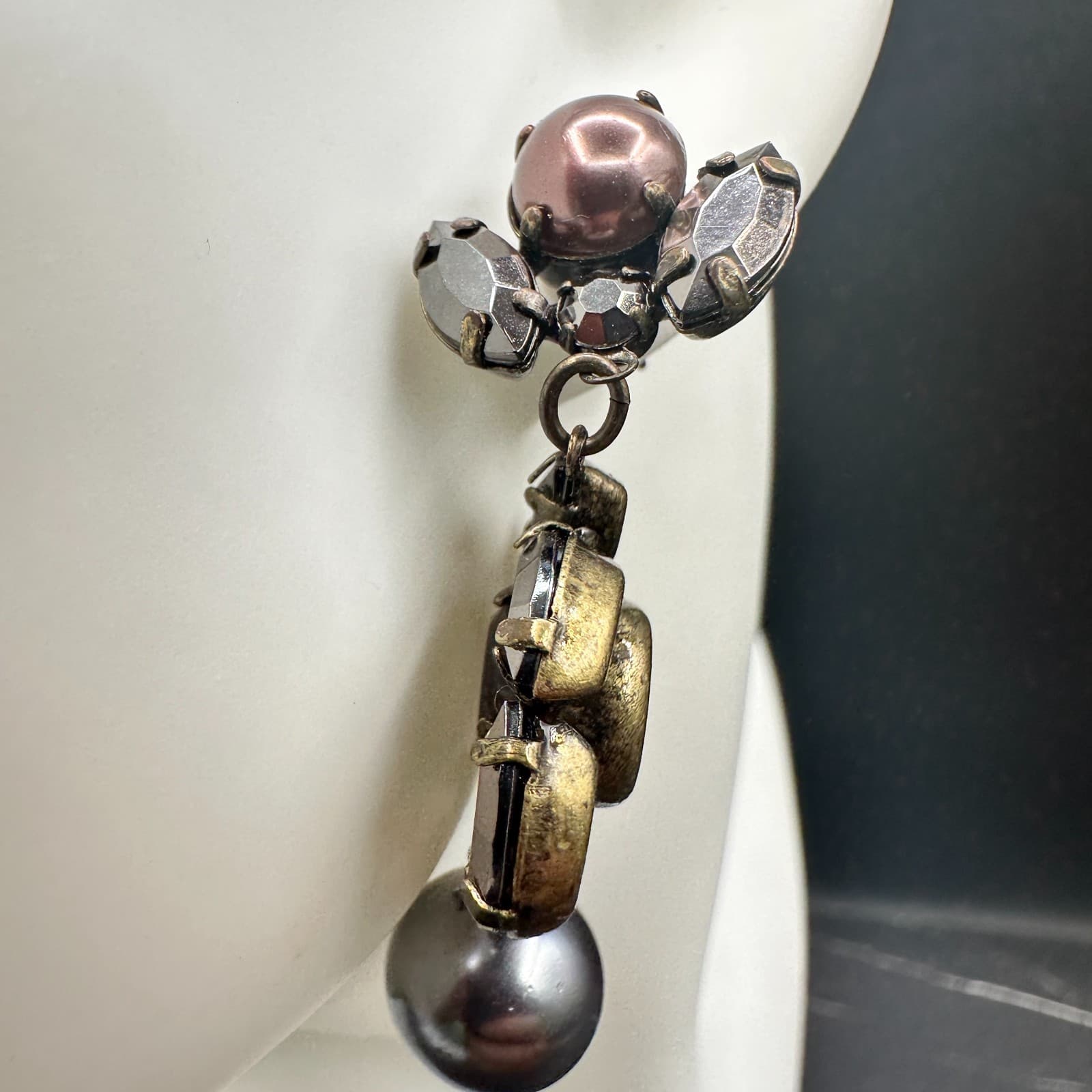 Vintage Statement Dangle Earrings Women Gray Pearl Drop Purple Crystal Antique - Thumbnail 3