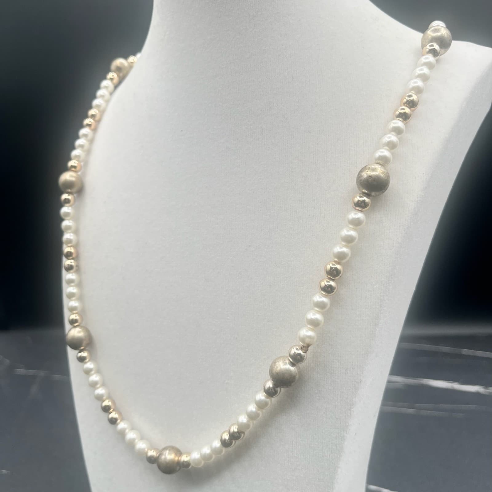 Vintage Faux Pearl & Metal Beads Gold Tone Long Necklace Women's Jewellery - Thumbnail 3