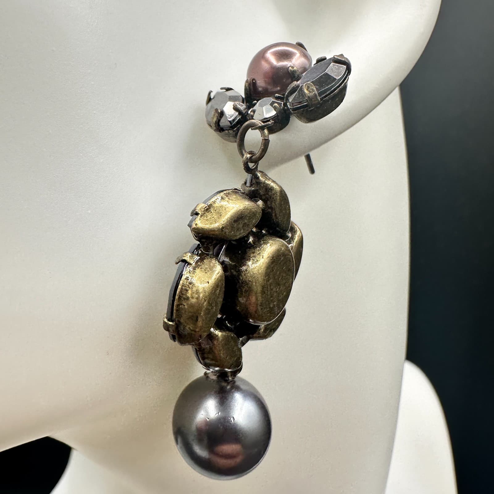 Vintage Statement Dangle Earrings Women Gray Pearl Drop Purple Crystal Antique - Thumbnail 2