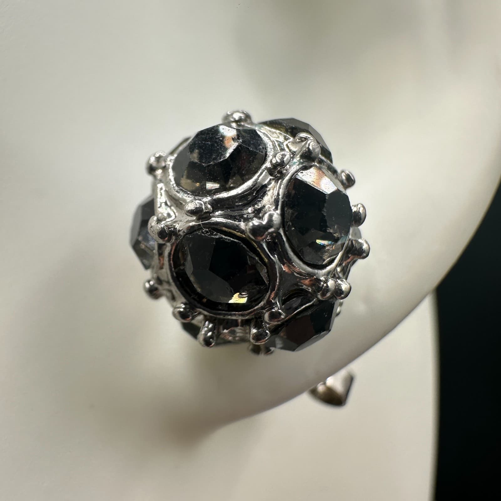 Vintage Silver Tone Alloy Black Faceted Crystal Stud Earrings Women Round Cluste - Thumbnail 3