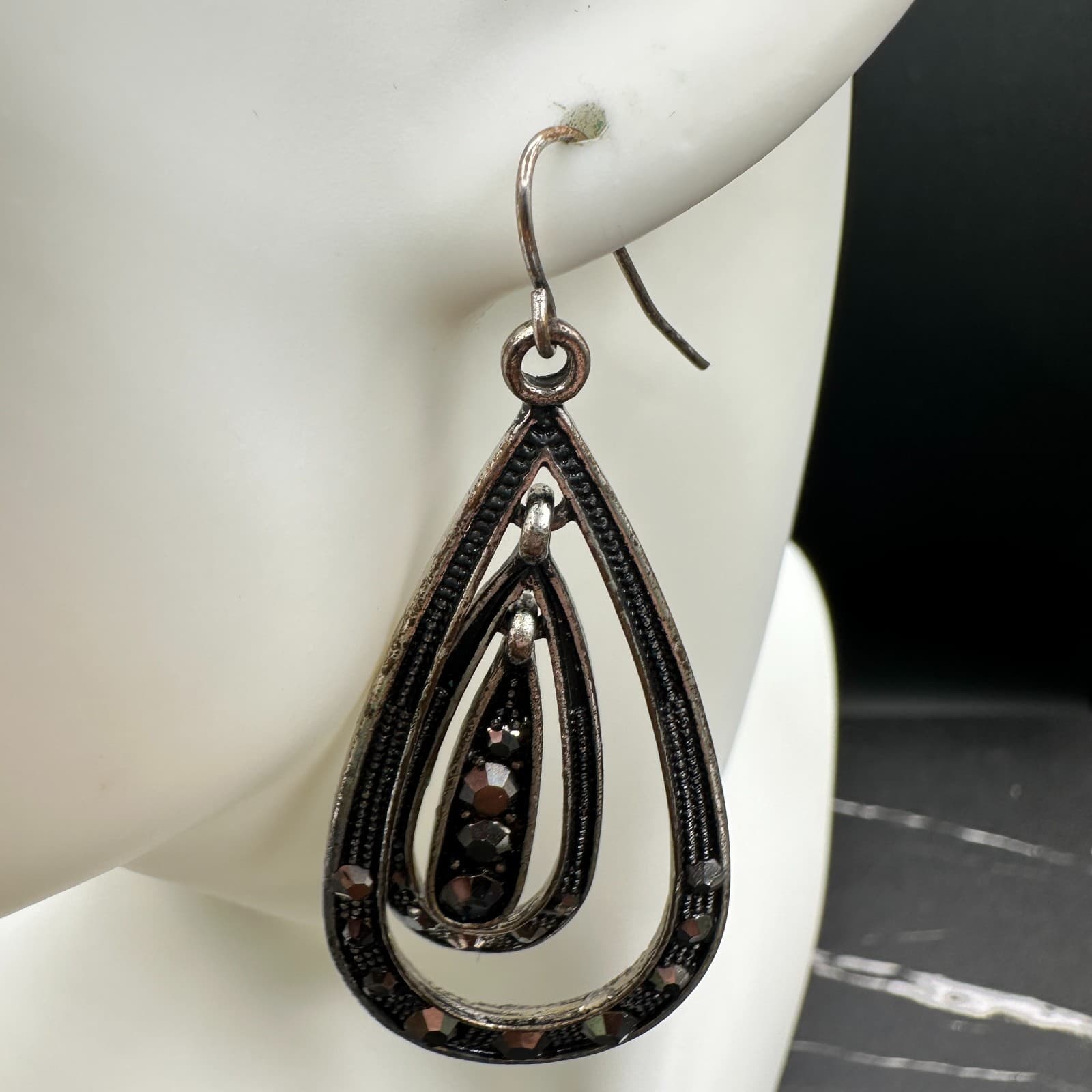 Vtg Silver Tone Teardrop Dangle Earrings Black Rhinestones Statement Jewelry - Thumbnail 7