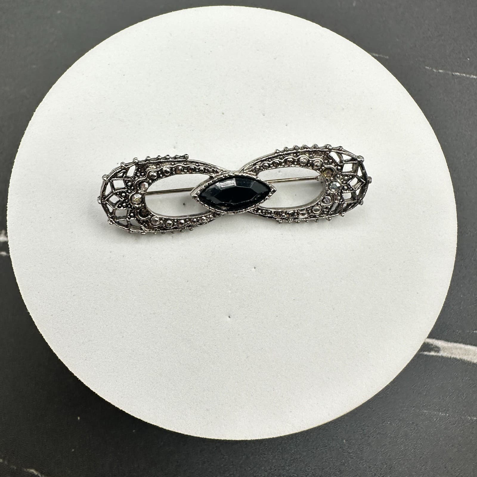 Vintage Silver Tone Black Marquise Rhinestone Brooch Art Deco Style - Thumbnail 2