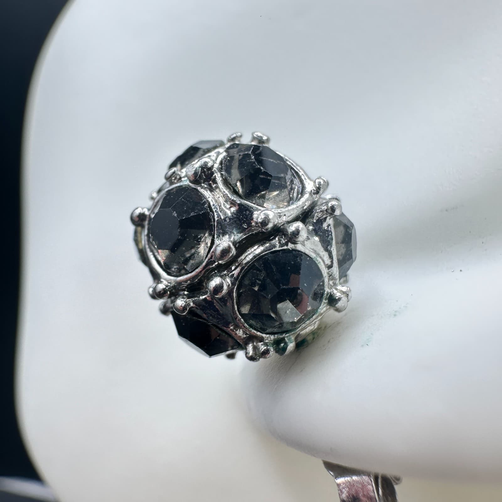 Vintage Silver Tone Alloy Black Faceted Crystal Stud Earrings Women Round Cluste - Thumbnail 6