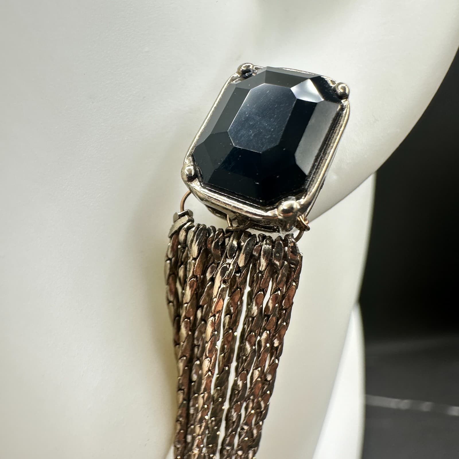 Vintage Silver Tone Black Faceted Stone Chain Tassel Clip-On Earrings - Thumbnail 5