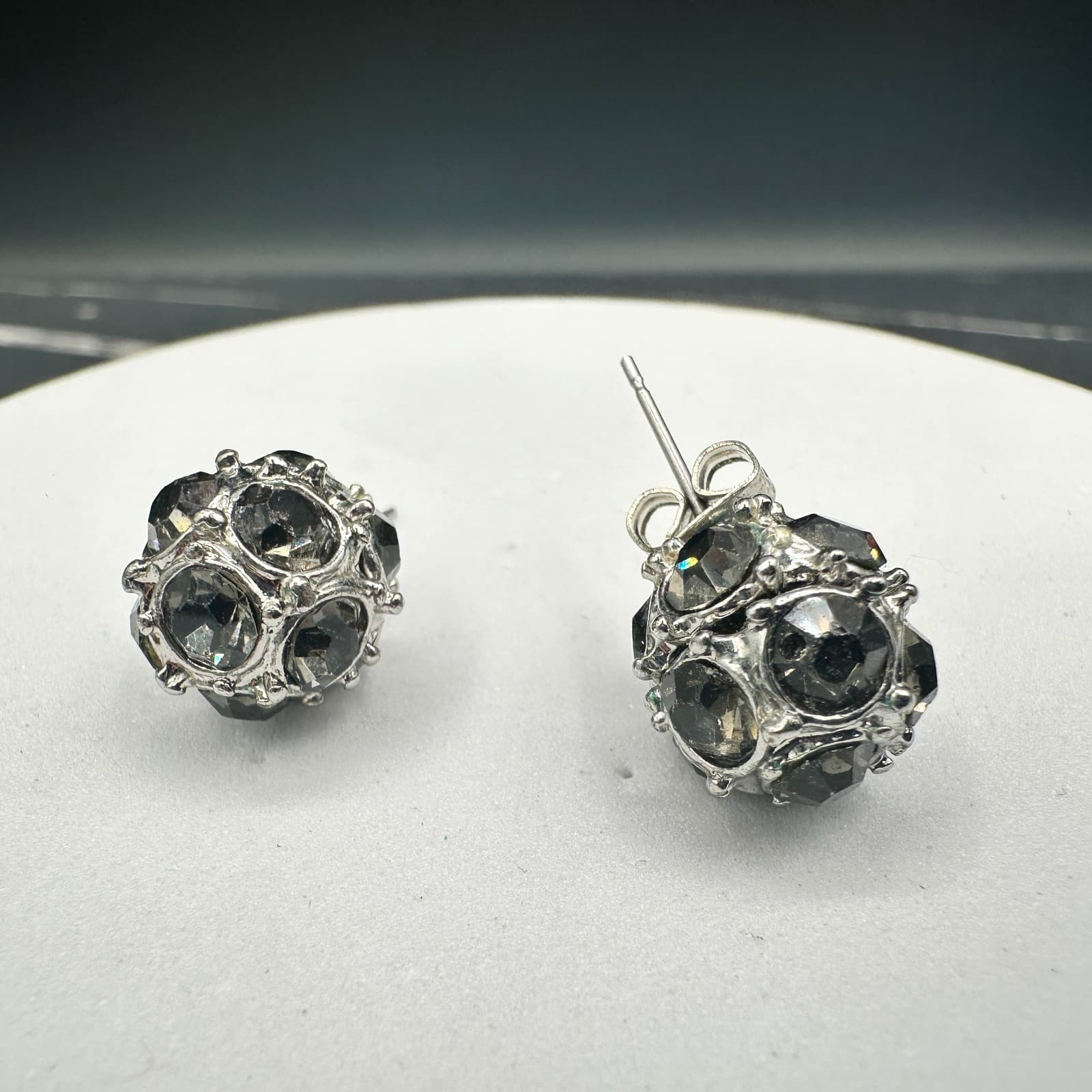 Vintage Silver Tone Alloy Black Faceted Crystal Stud Earrings Women Round Cluste - Thumbnail 12